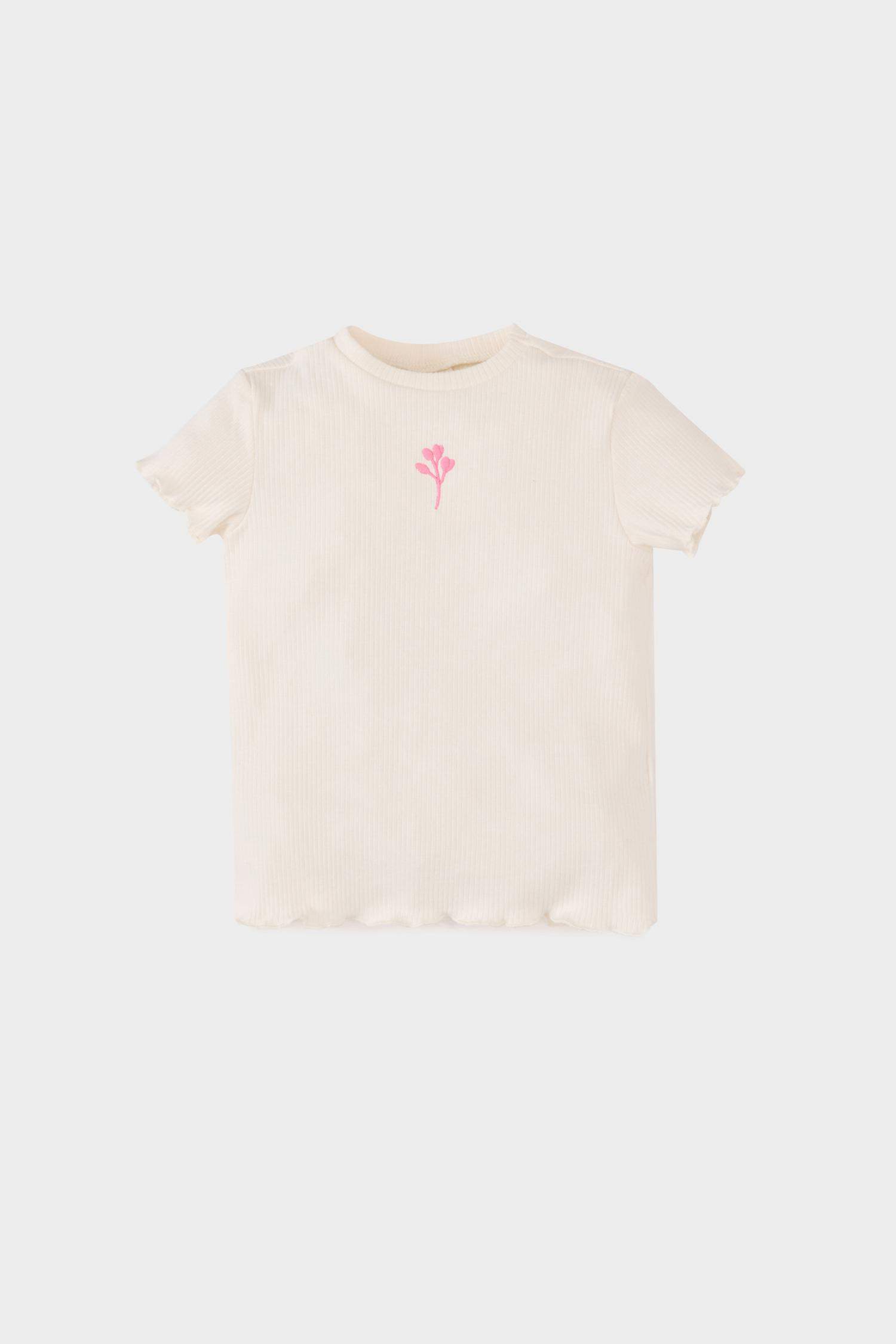 Kız Bebek Bisiklet Yaka Çiçekli Fitilli Kaşkorse Kısa Kollu Tişört