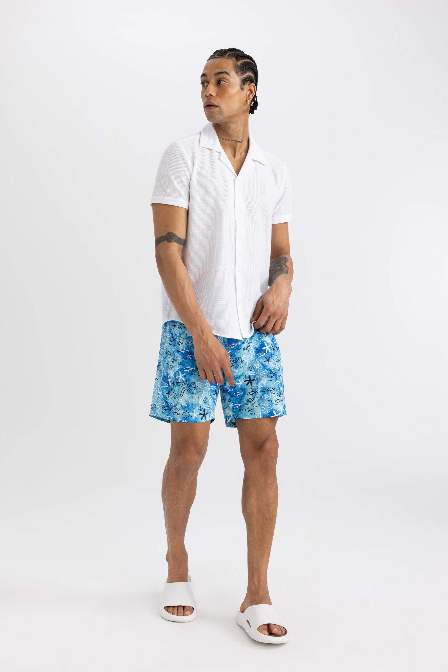 Regular Fit Patterned Mesh Lined Short Swim Shorts