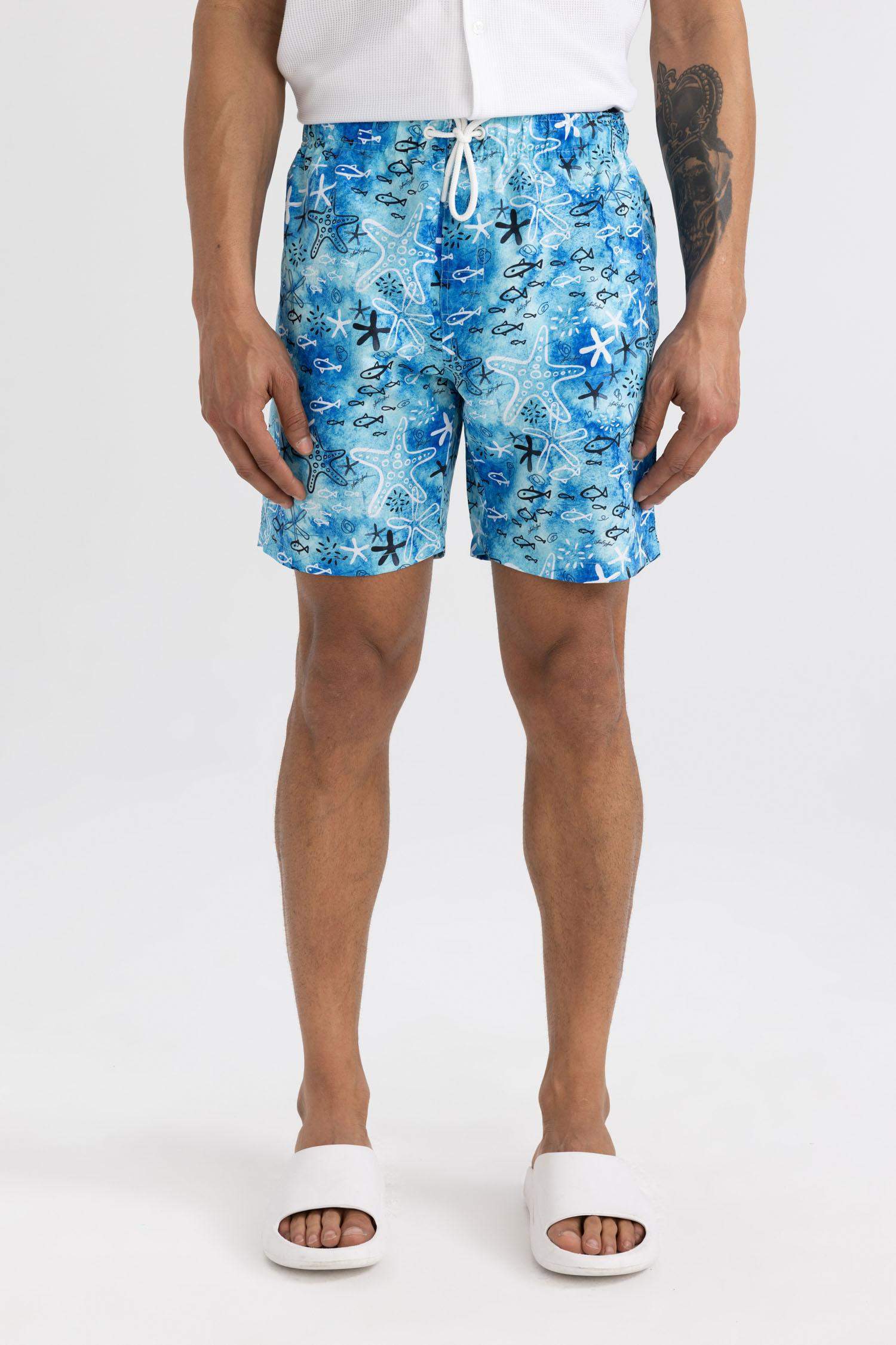Regular Fit Patterned Mesh Lined Short Swim Shorts