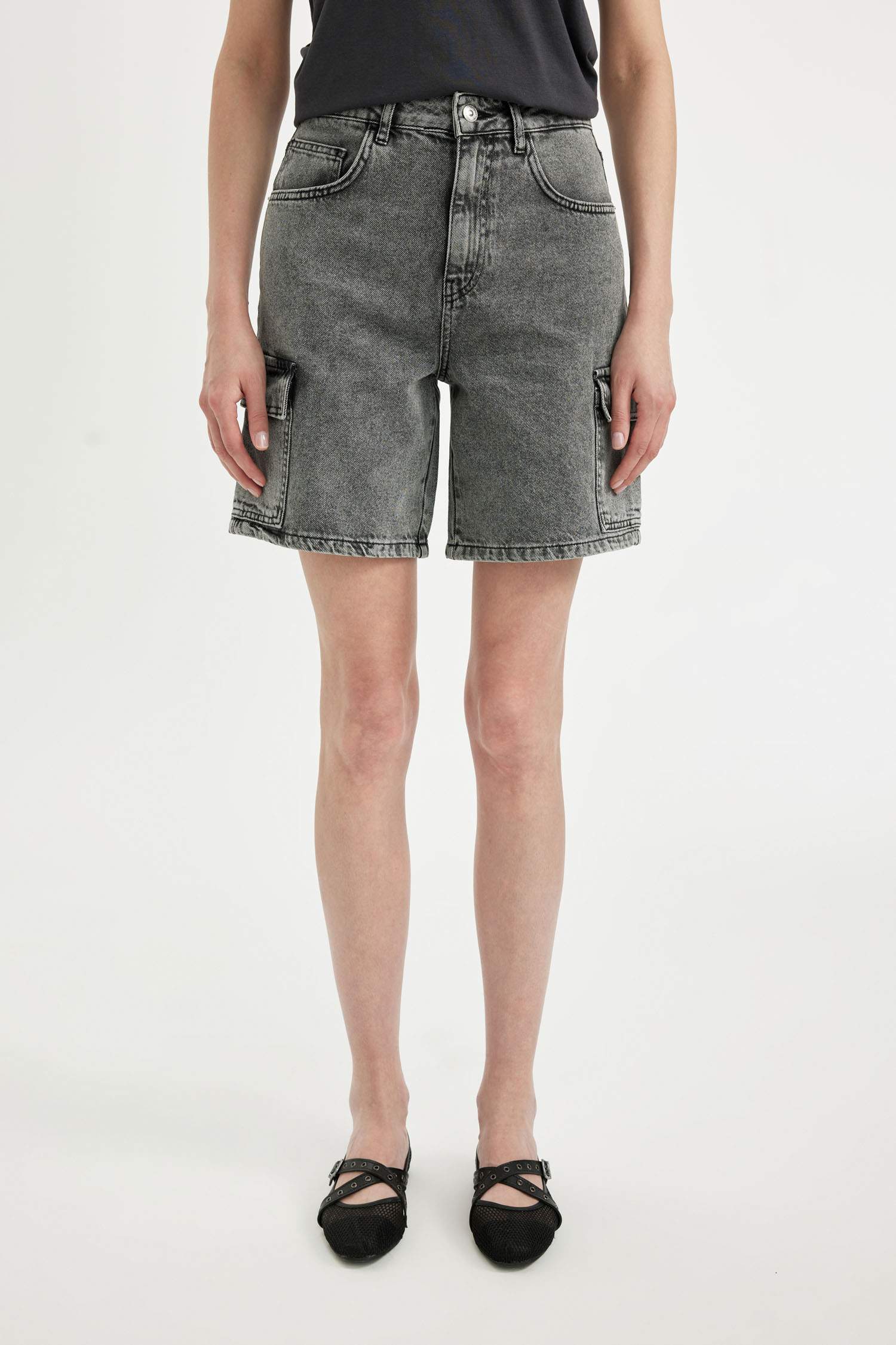 High Waist Denim Bermuda