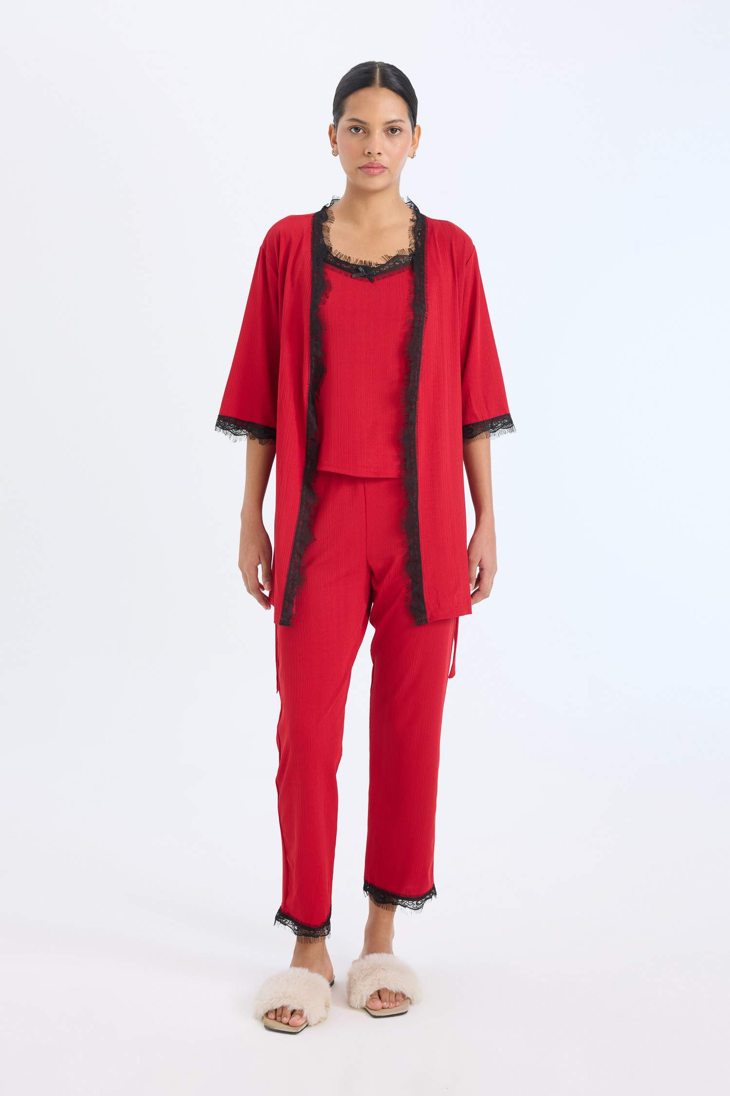 Wrap Yaka Yarım Kol Kuşaklı Sabahlık-Fall in Love 