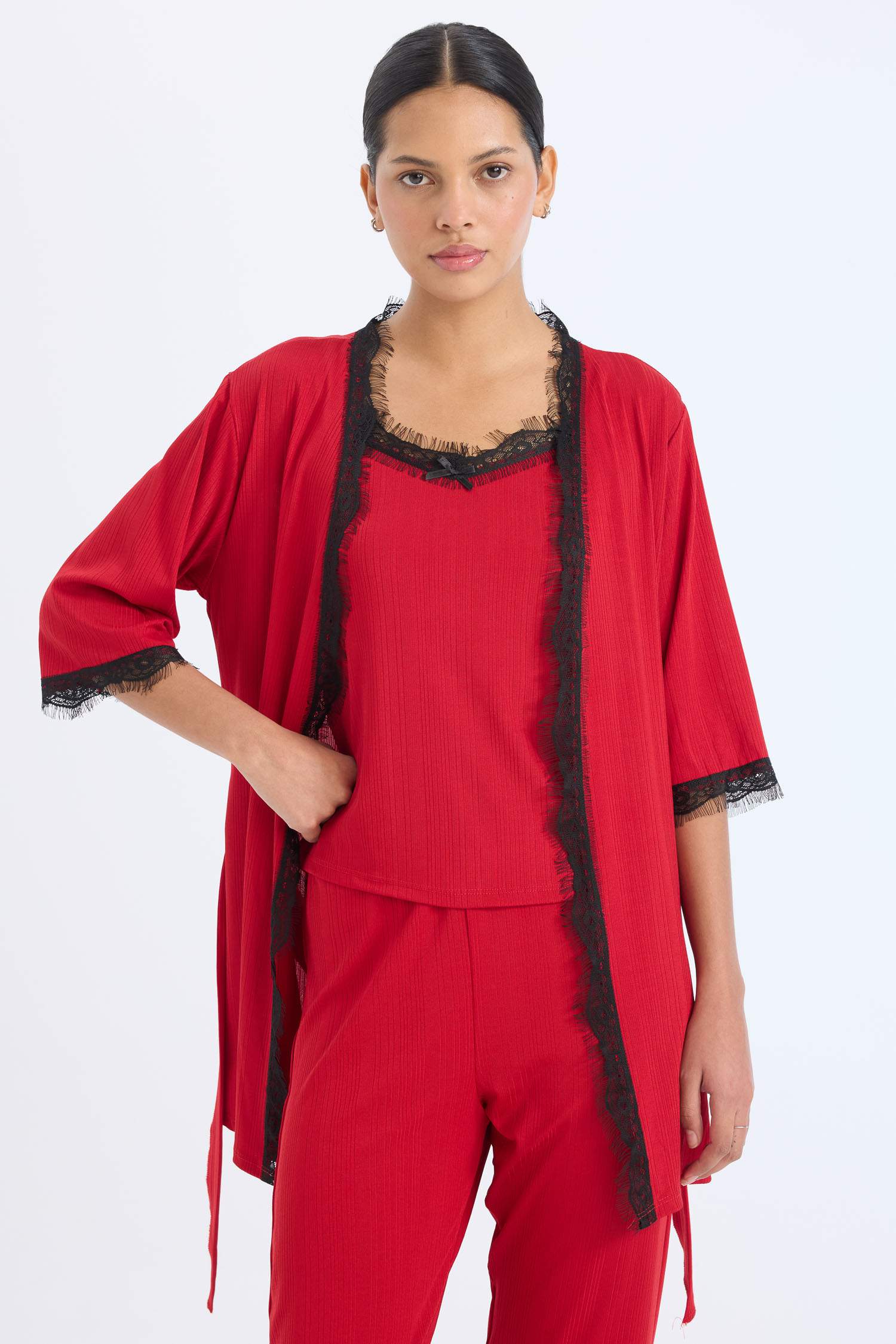 Wrap Yaka Yarım Kol Kuşaklı Sabahlık-Fall in Love 