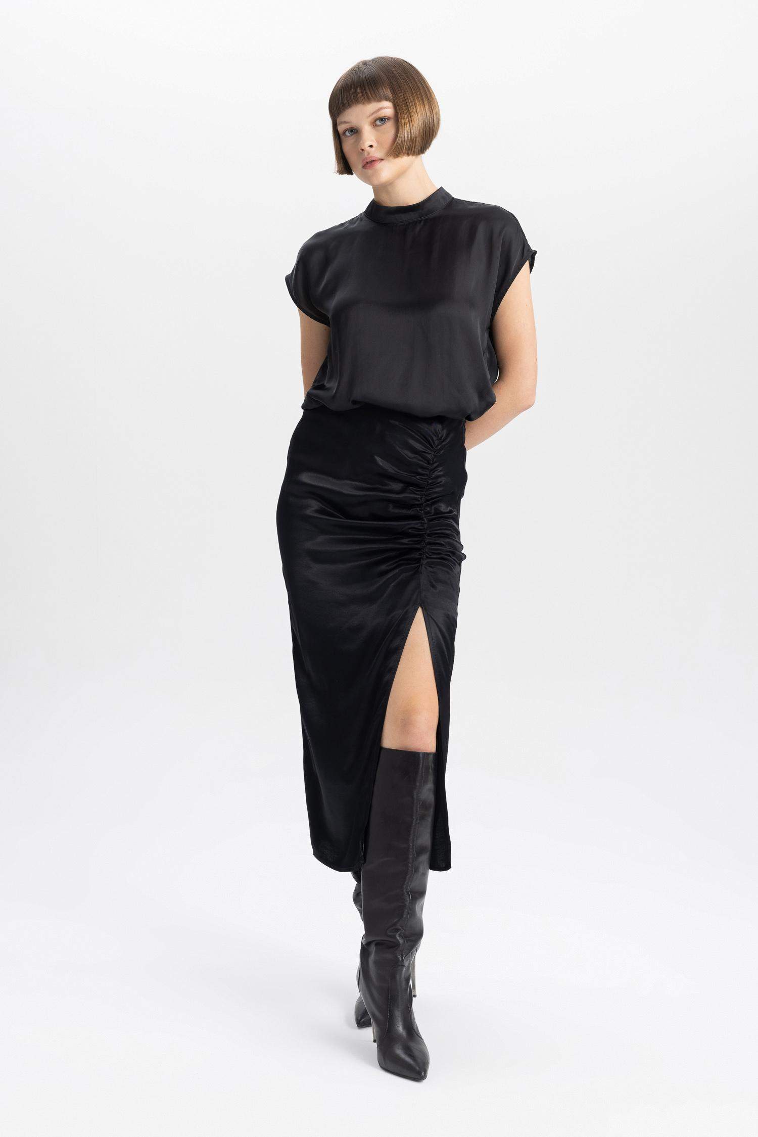 A Cut Satin Normal Waist Midi Skirt