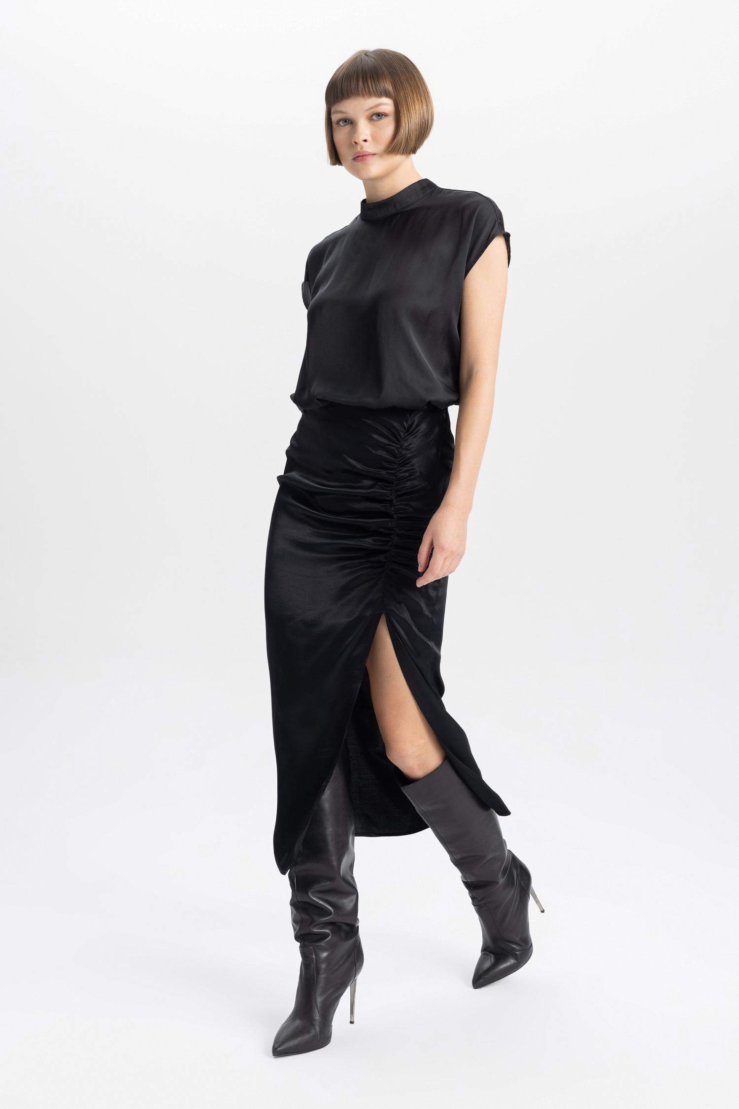 A Cut Satin Normal Waist Midi Skirt