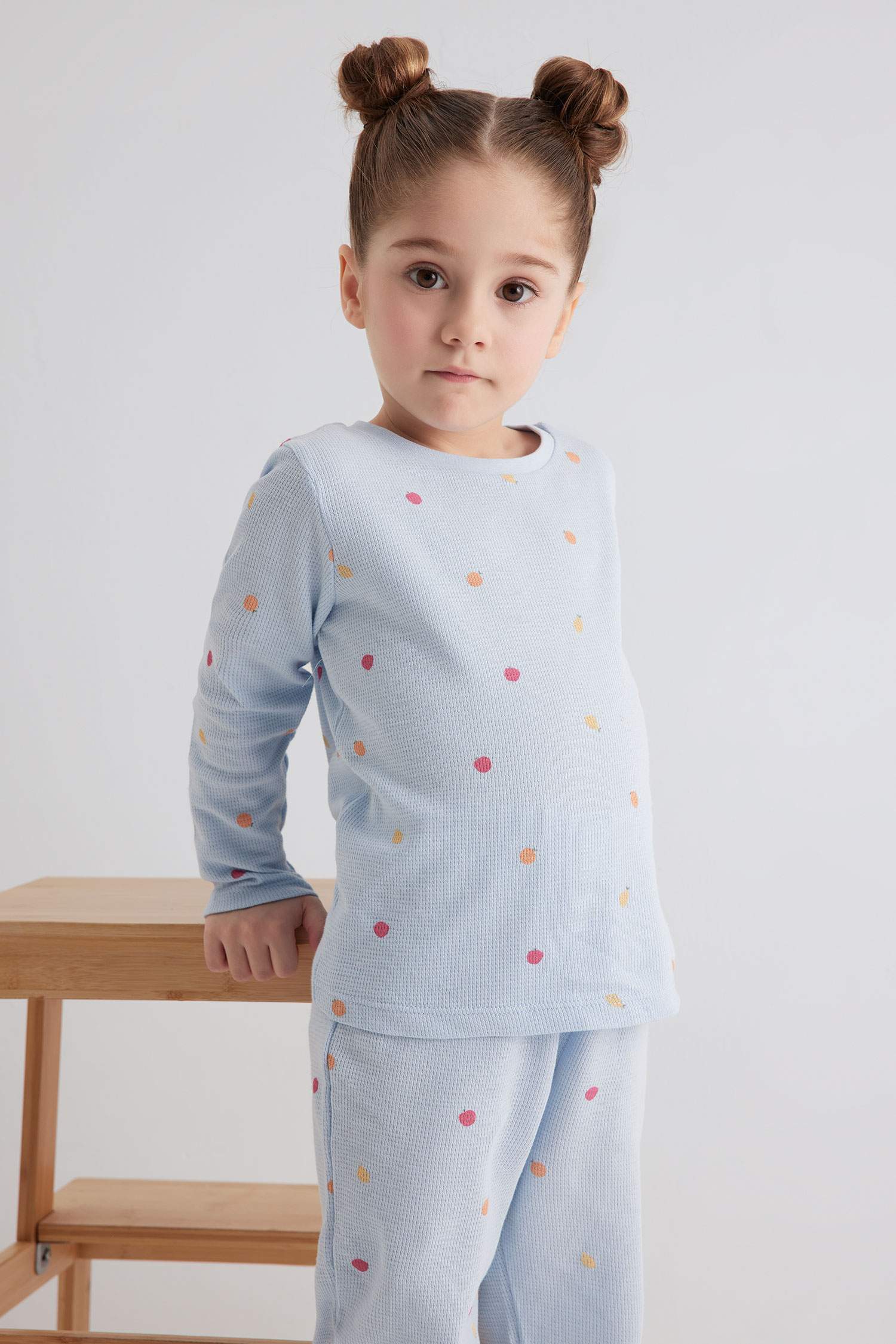 Kız Bebek Pijama Takım Meyve Desenli Uzun Kollu Waffle Üst Beli Lastikli Uzun Alt