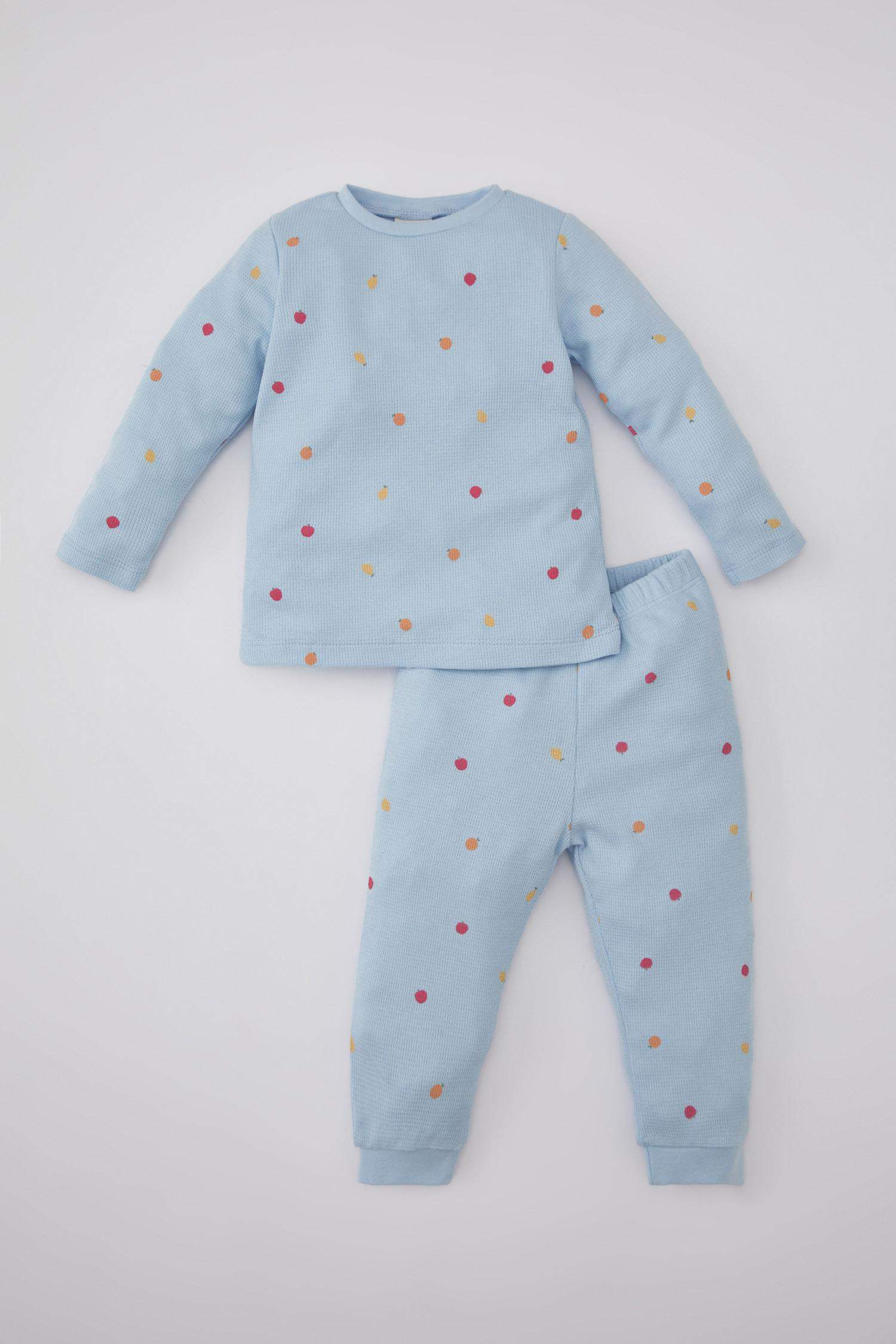Kız Bebek Pijama Takım Meyve Desenli Uzun Kollu Waffle Üst Beli Lastikli Uzun Alt