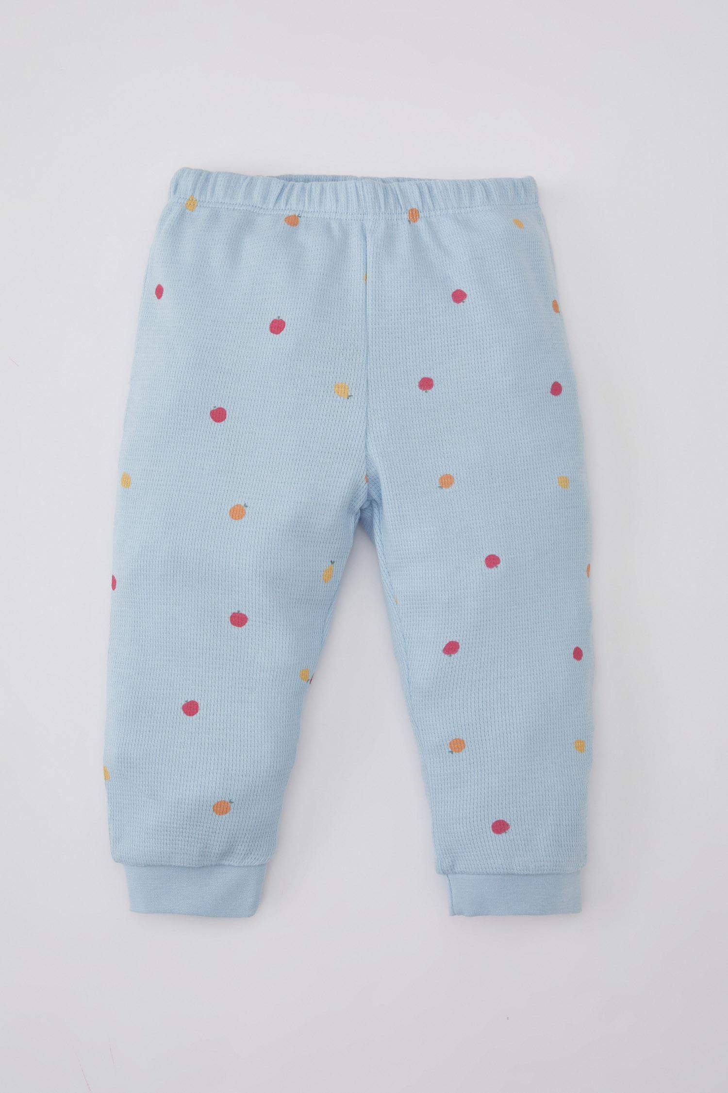 Kız Bebek Pijama Takım Meyve Desenli Uzun Kollu Waffle Üst Beli Lastikli Uzun Alt