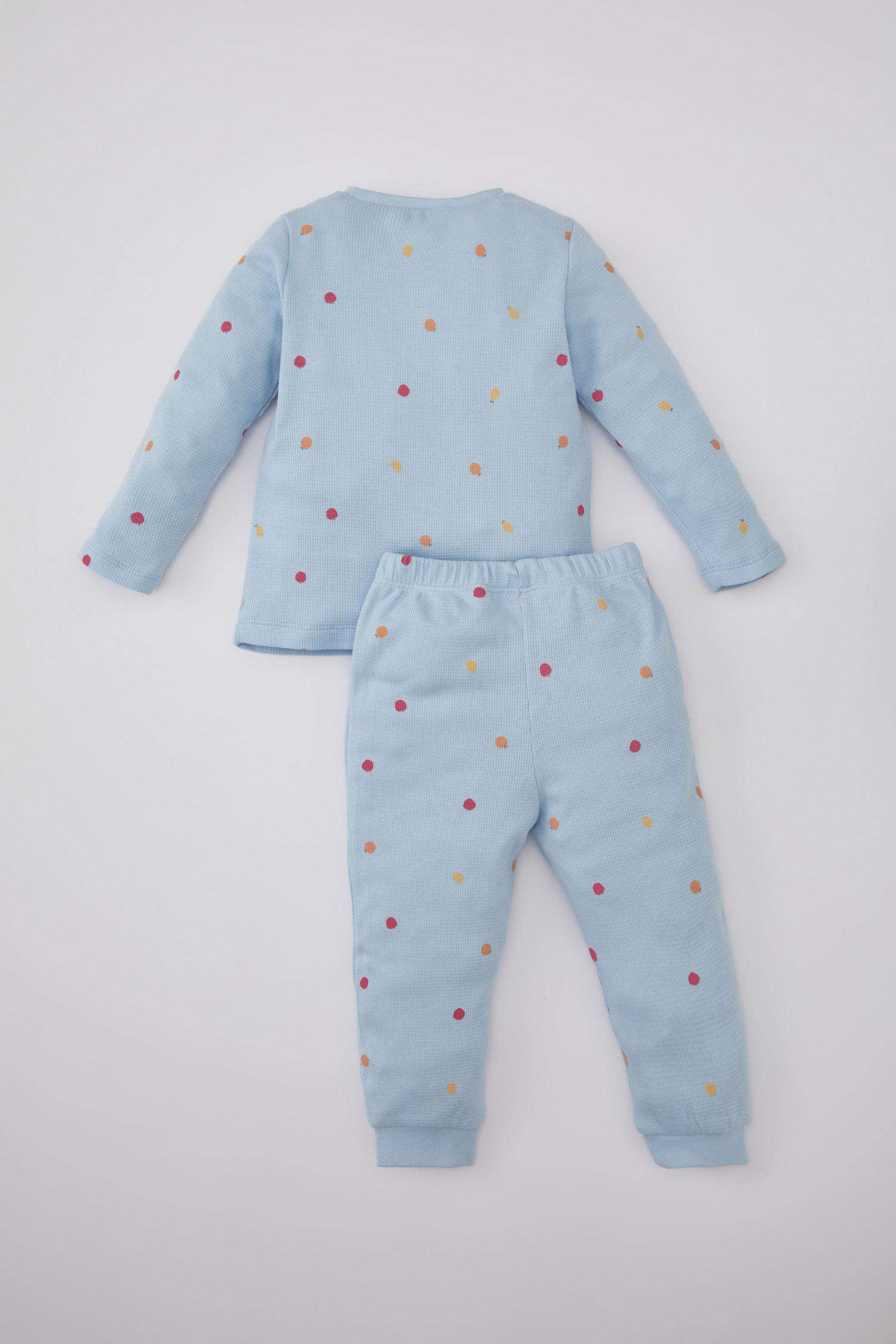 Kız Bebek Pijama Takım Meyve Desenli Uzun Kollu Waffle Üst Beli Lastikli Uzun Alt