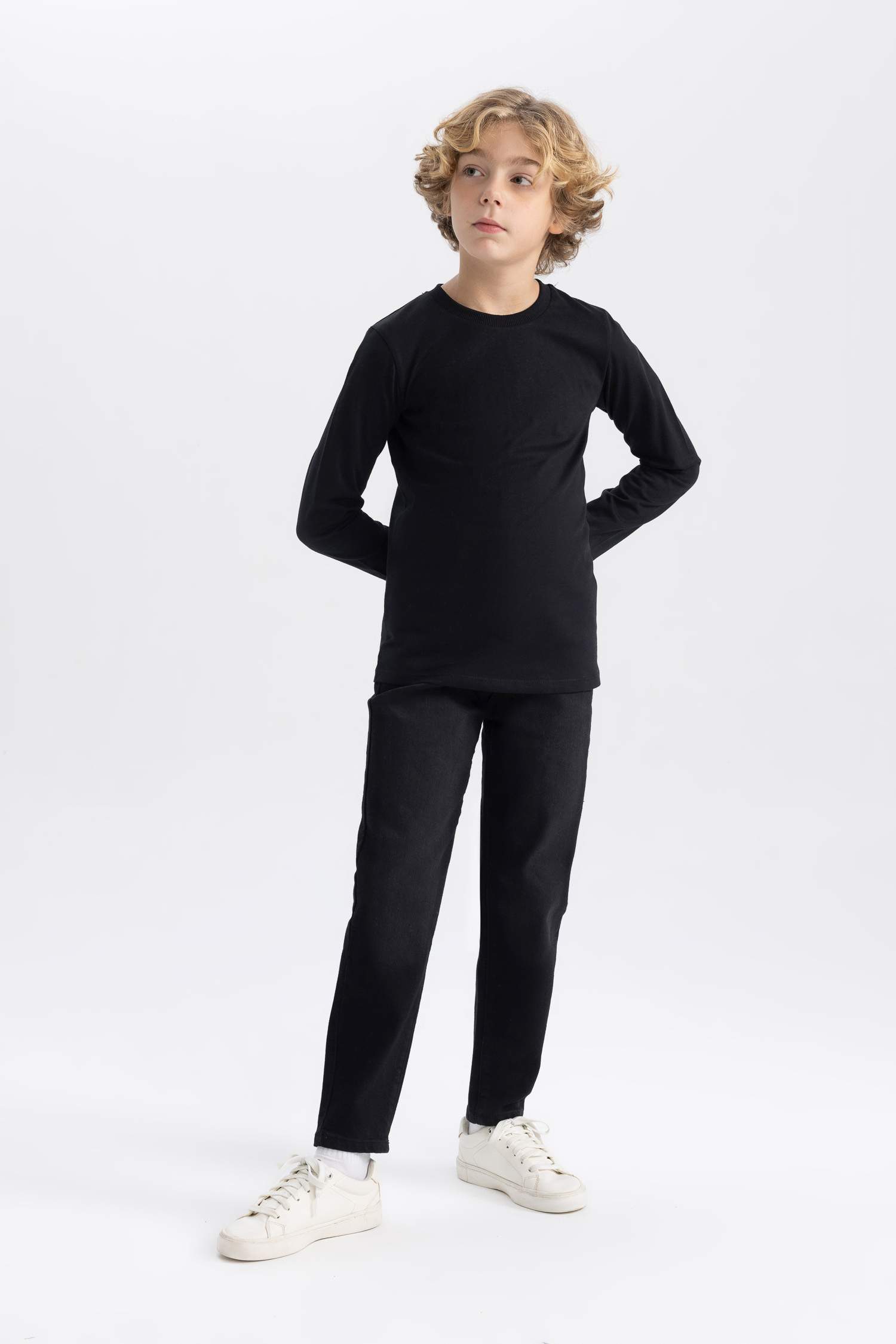 Erkek Çocuk Bisiklet Yaka Basic Düz Uzun Kollu Tişört