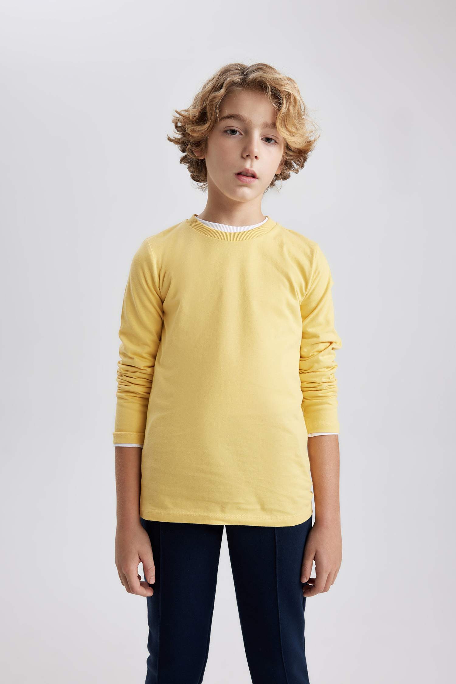 Erkek Çocuk Bisiklet Yaka Basic Düz Uzun Kollu Tişört