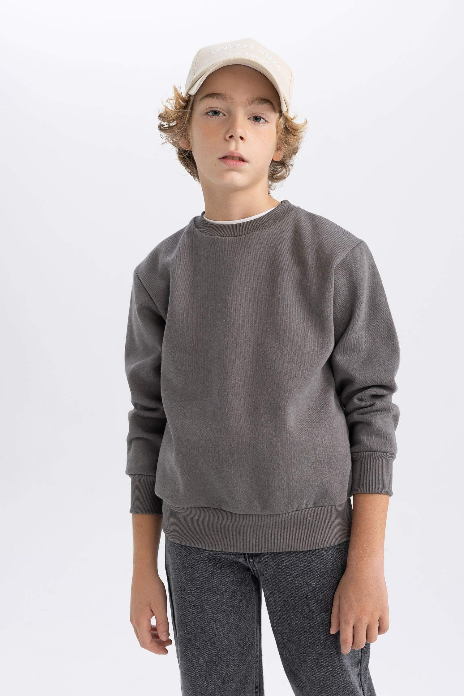 Erkek Çocuk Bisiklet Yaka Basic Düz Sweatshirt
