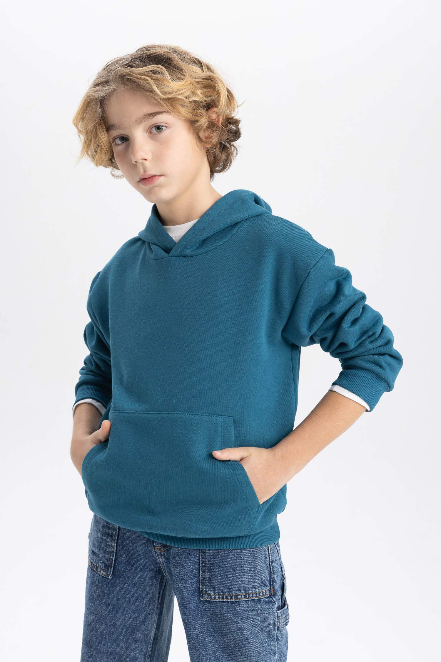 Erkek Çocuk Basic Düz Kapüşonlu Sweatshirt