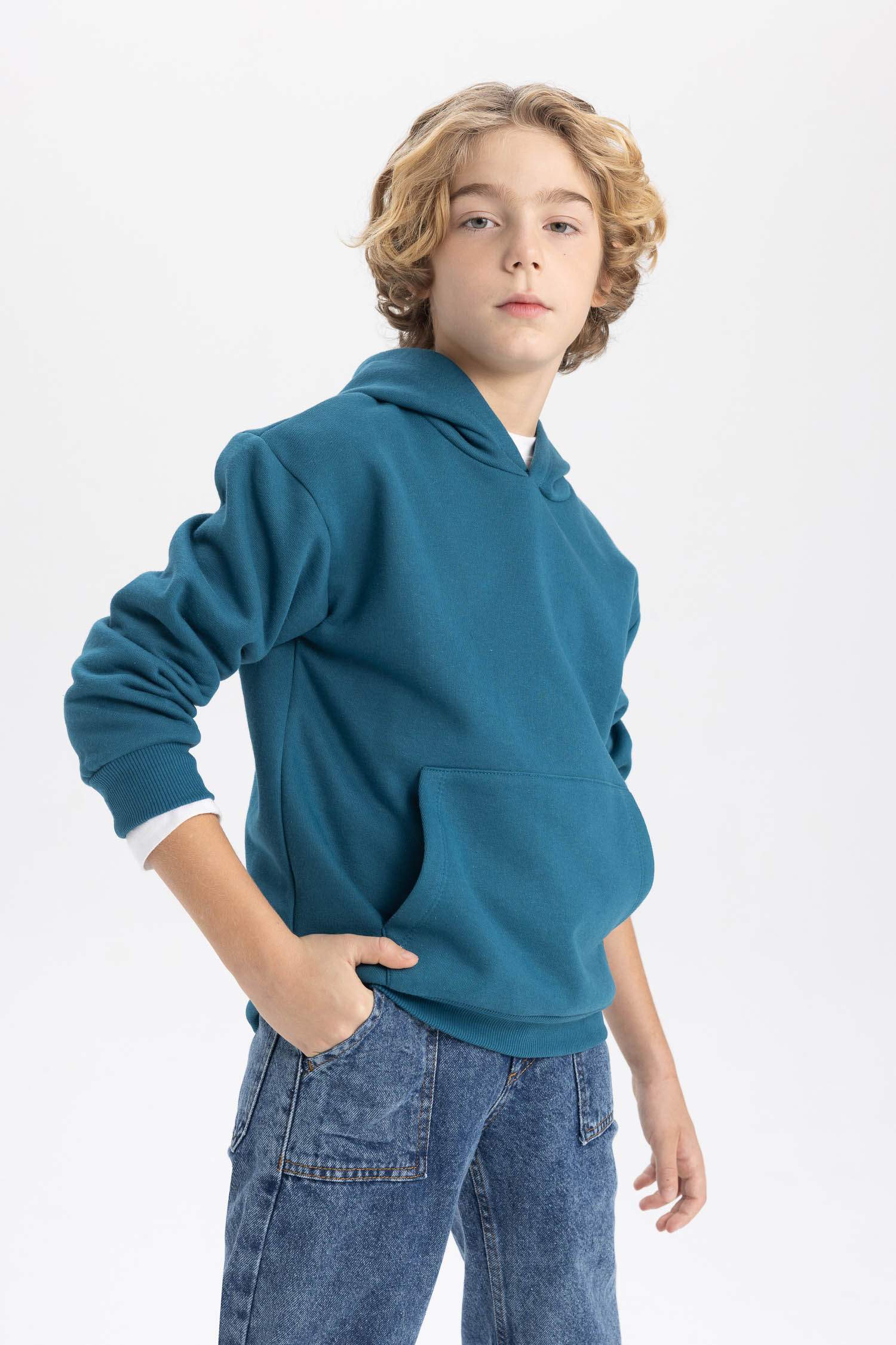 Erkek Çocuk Basic Düz Kapüşonlu Sweatshirt