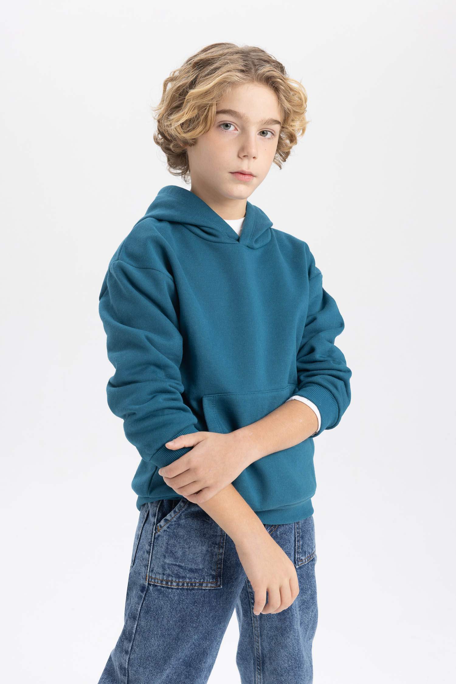 Erkek Çocuk Basic Düz Kapüşonlu Sweatshirt