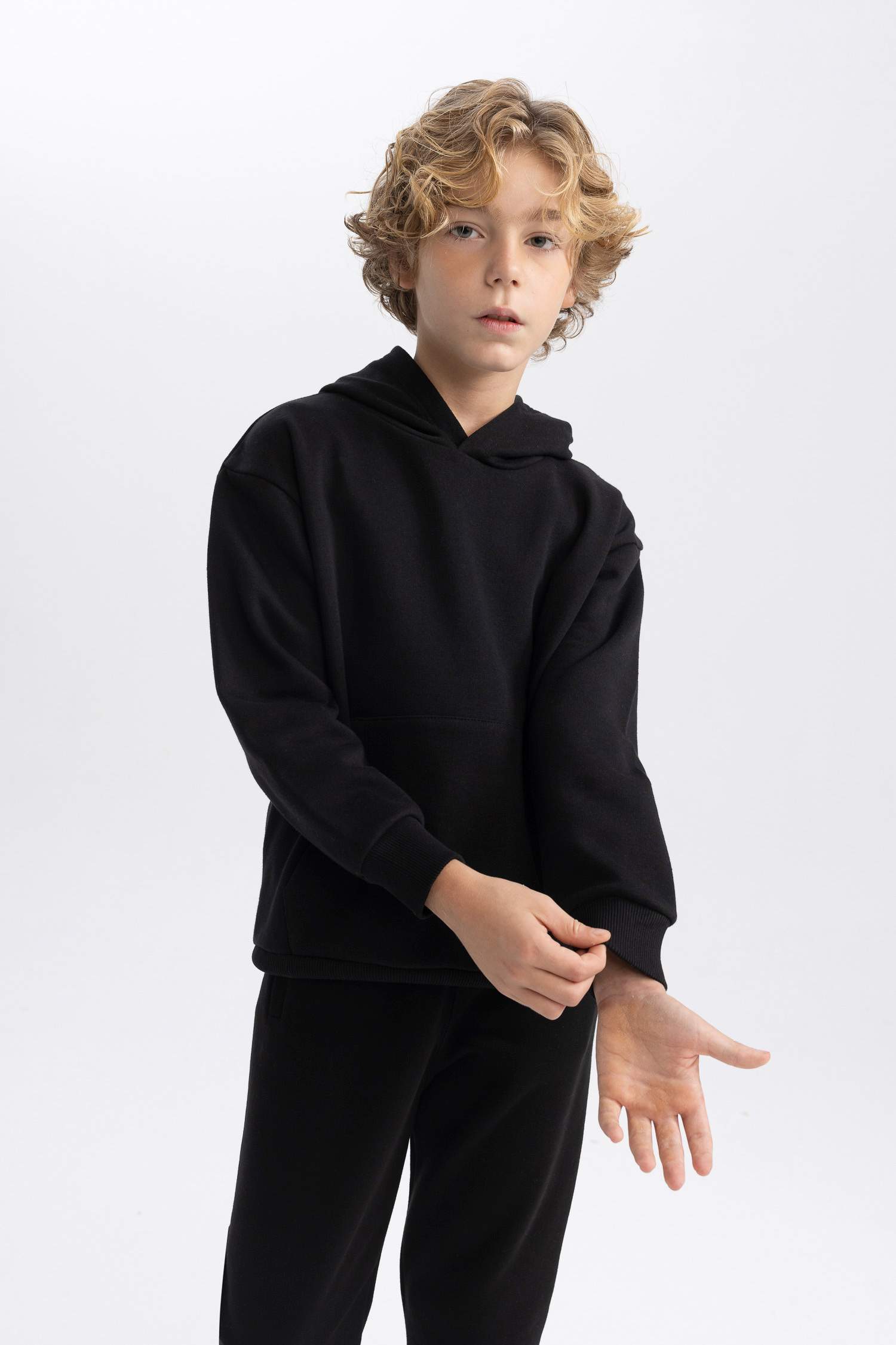 Erkek Çocuk Basic Düz Kapüşonlu Sweatshirt