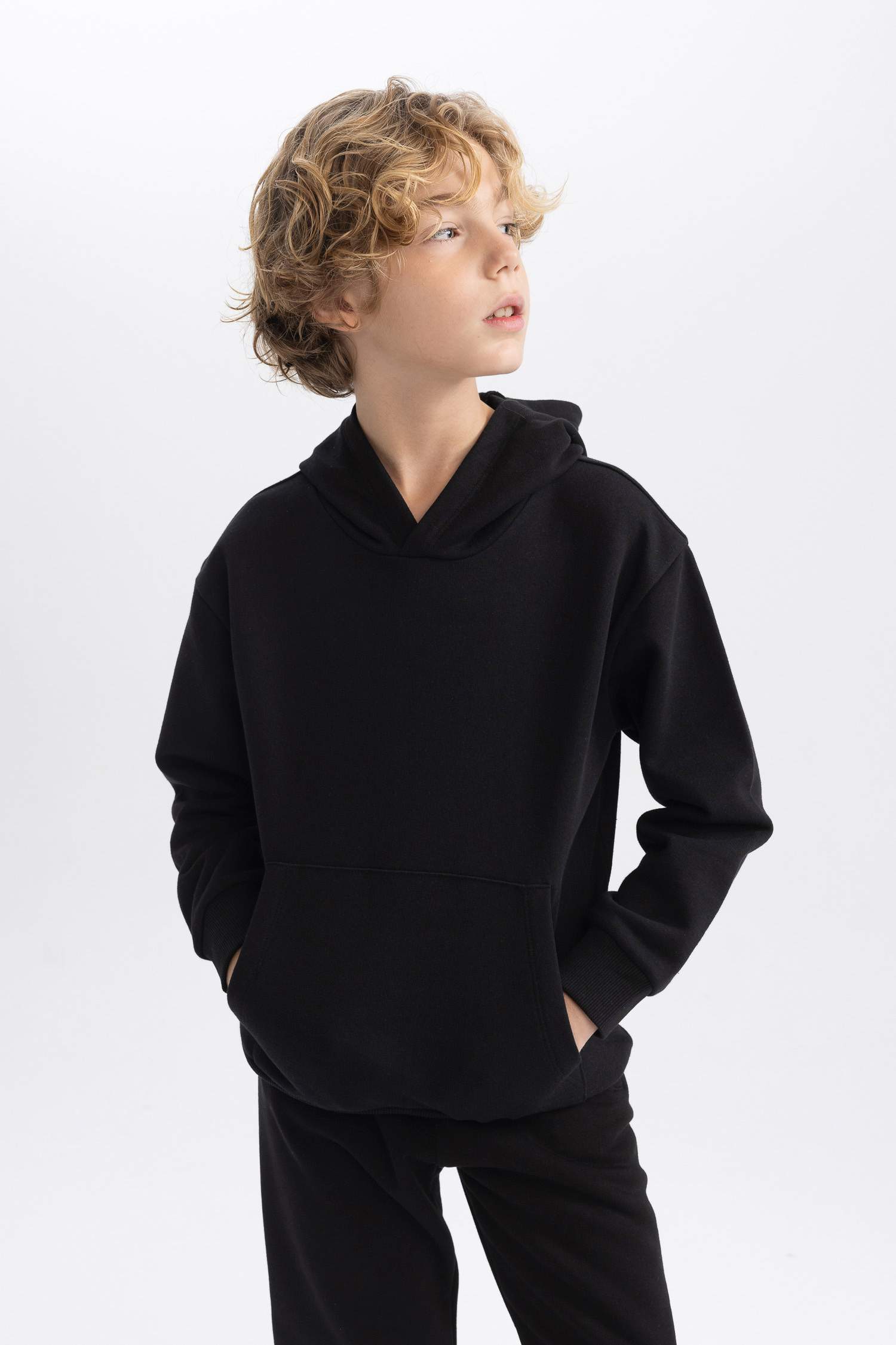 Erkek Çocuk Basic Düz Kapüşonlu Sweatshirt