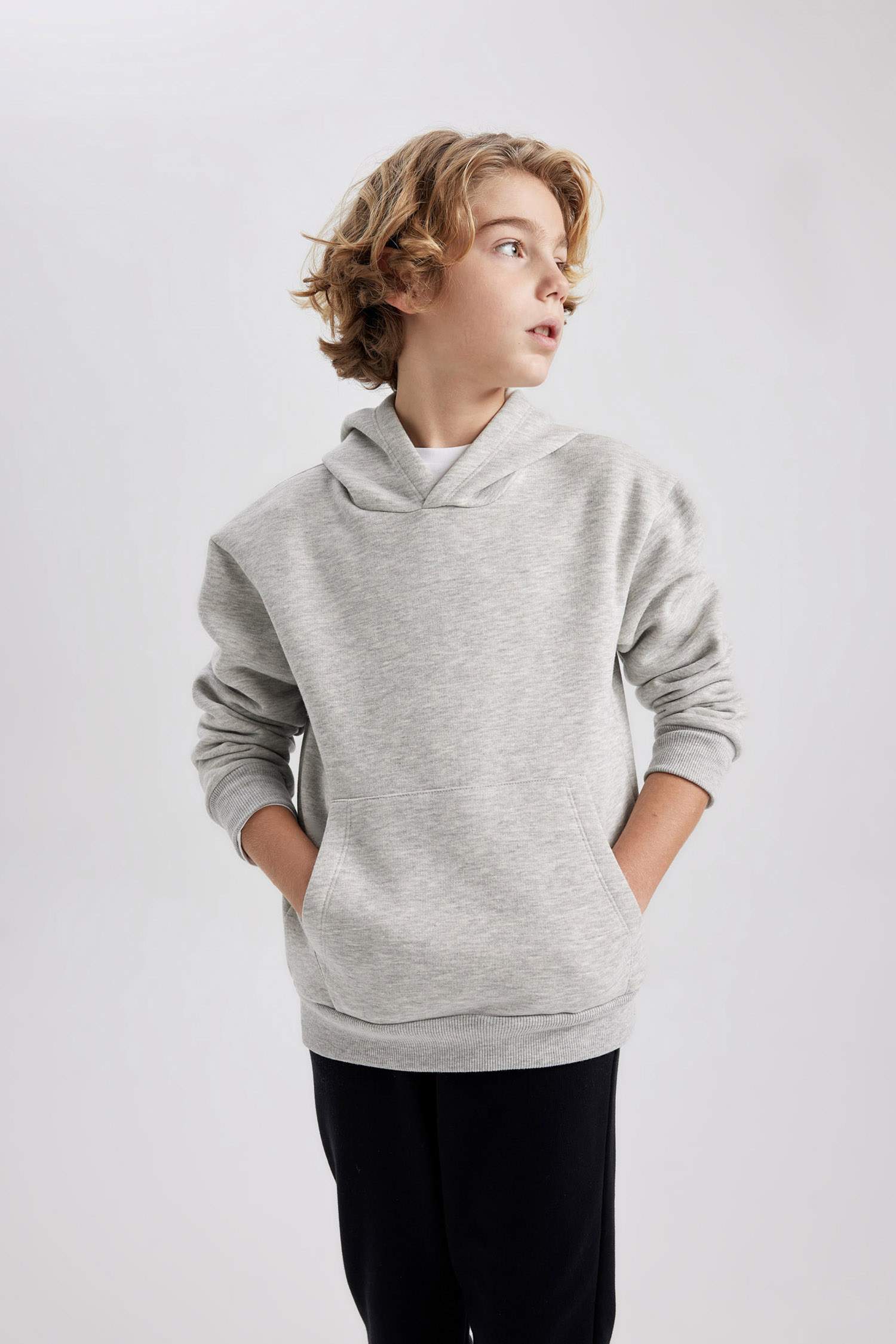 Erkek Çocuk Basic Düz Kapüşonlu Sweatshirt