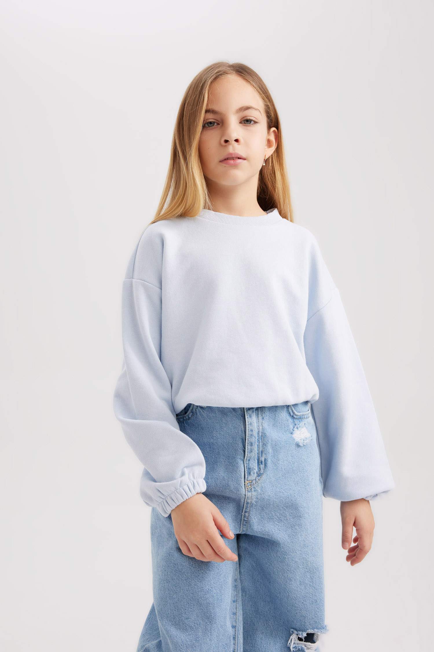 Kız Çocuk Bisiklet Yaka Basic Düz Sweatshirt