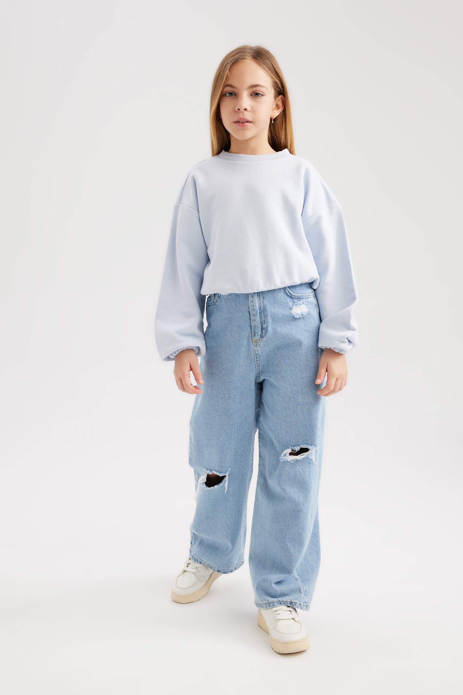 Kız Çocuk Bisiklet Yaka Basic Düz Sweatshirt