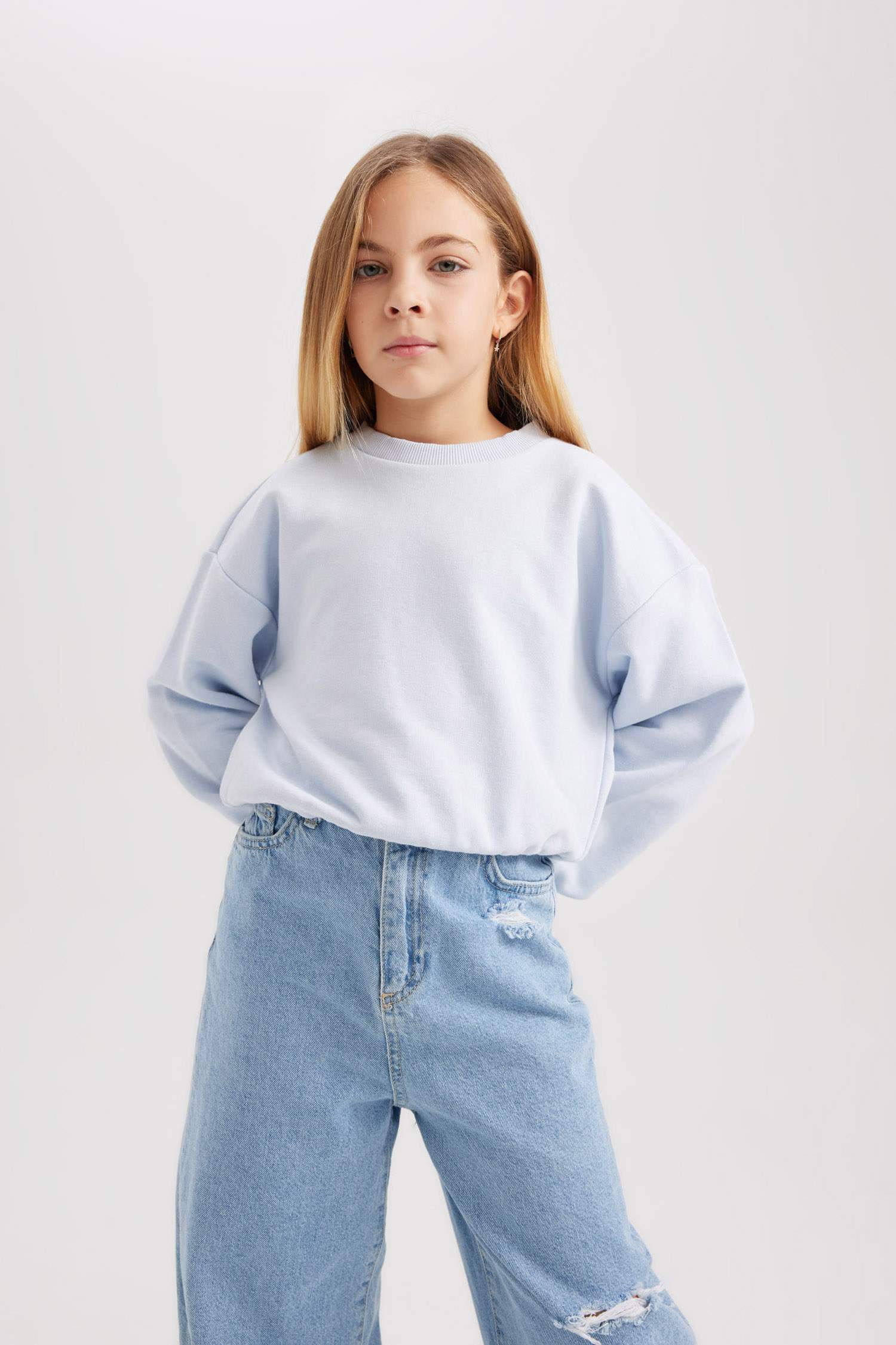 Kız Çocuk Bisiklet Yaka Basic Düz Sweatshirt