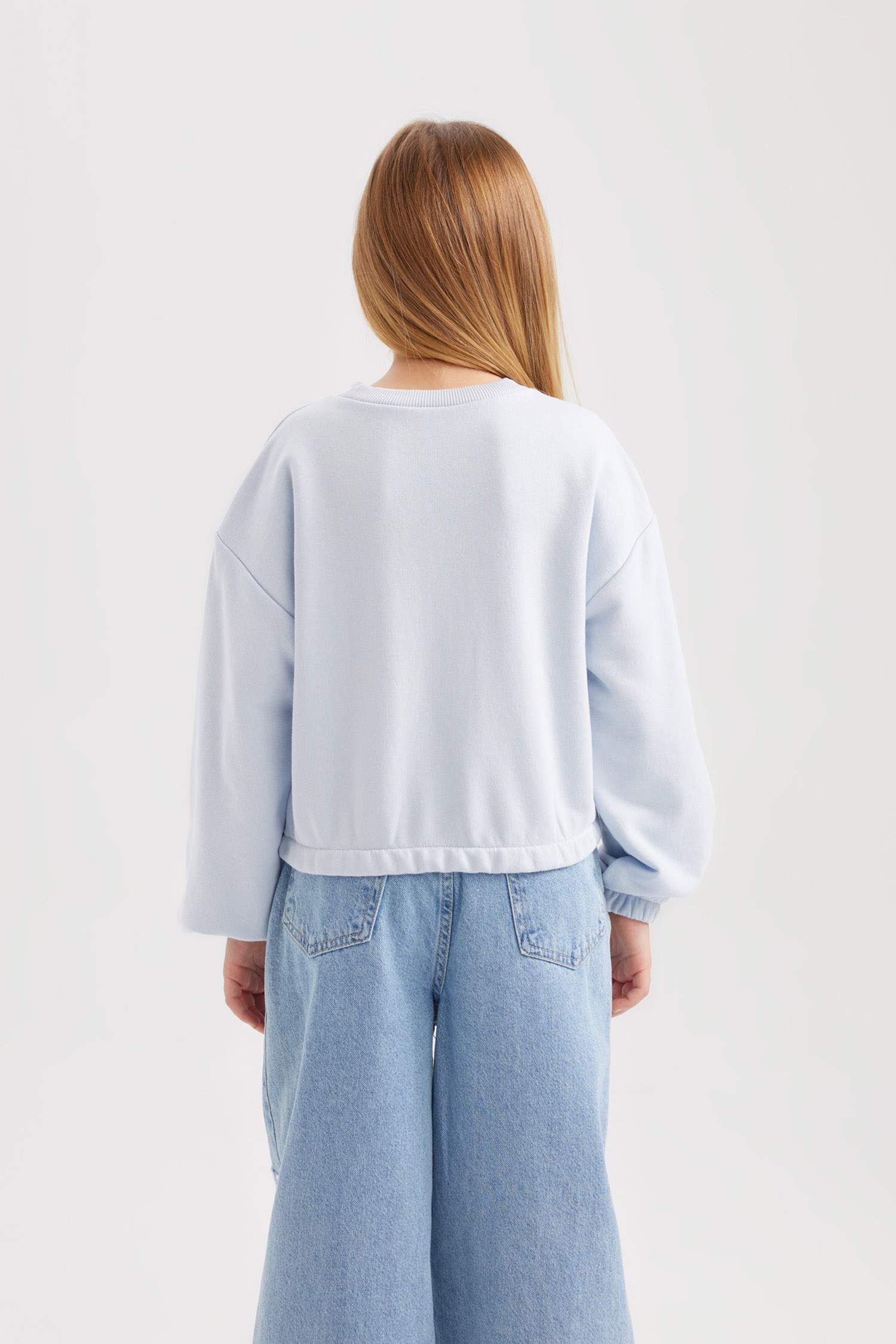 Kız Çocuk Bisiklet Yaka Basic Düz Sweatshirt