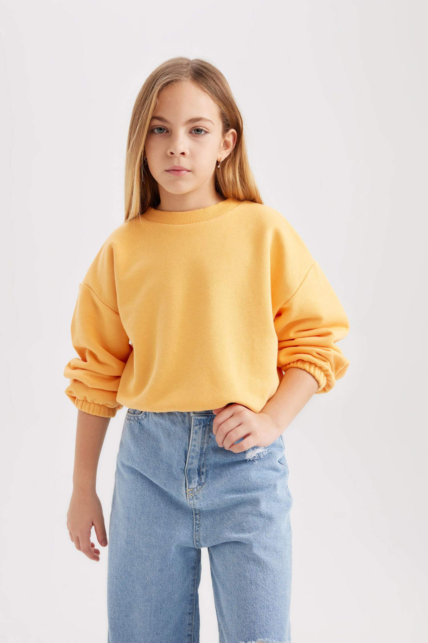 Kız Çocuk Bisiklet Yaka Basic Düz Sweatshirt