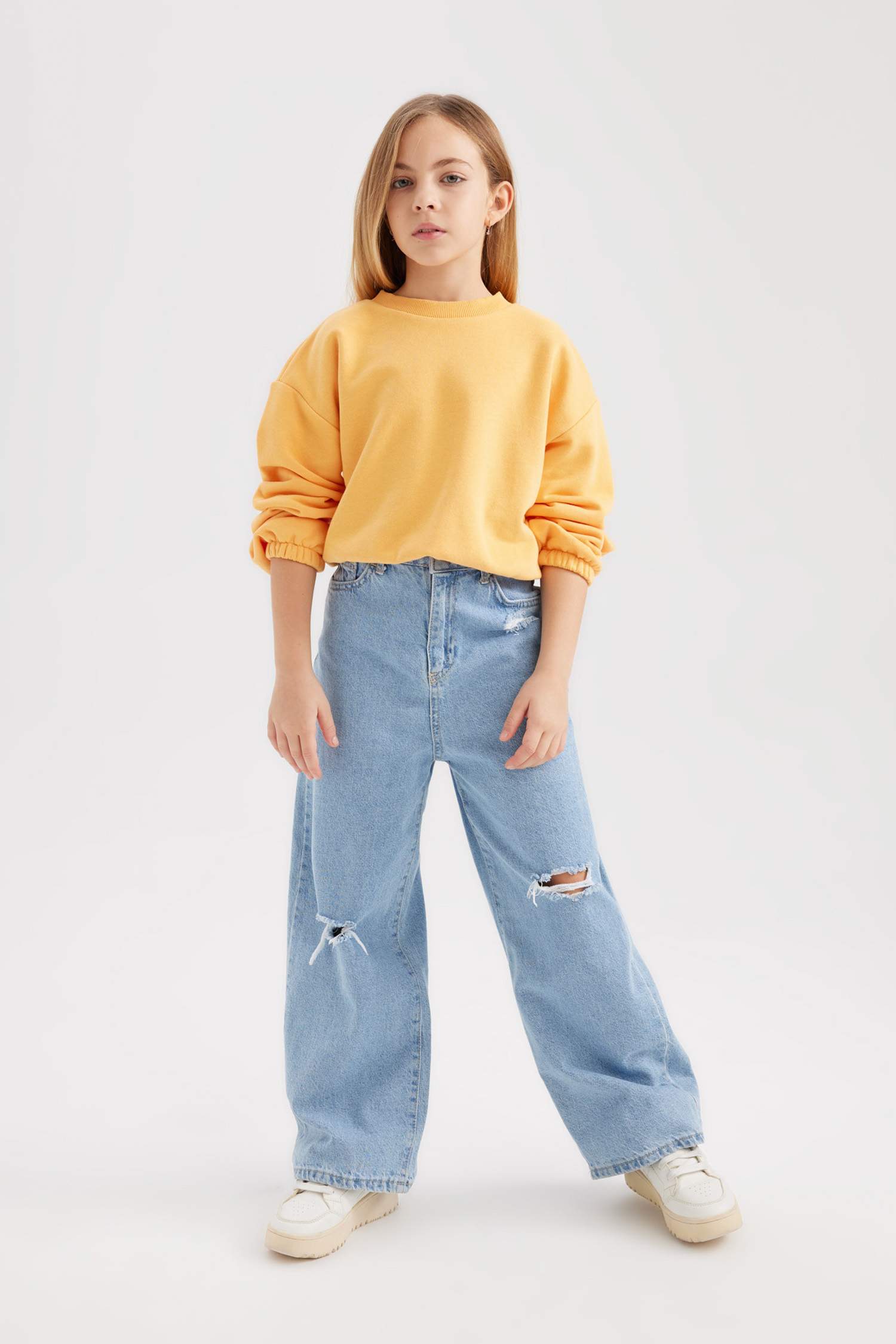 Kız Çocuk Bisiklet Yaka Basic Düz Sweatshirt