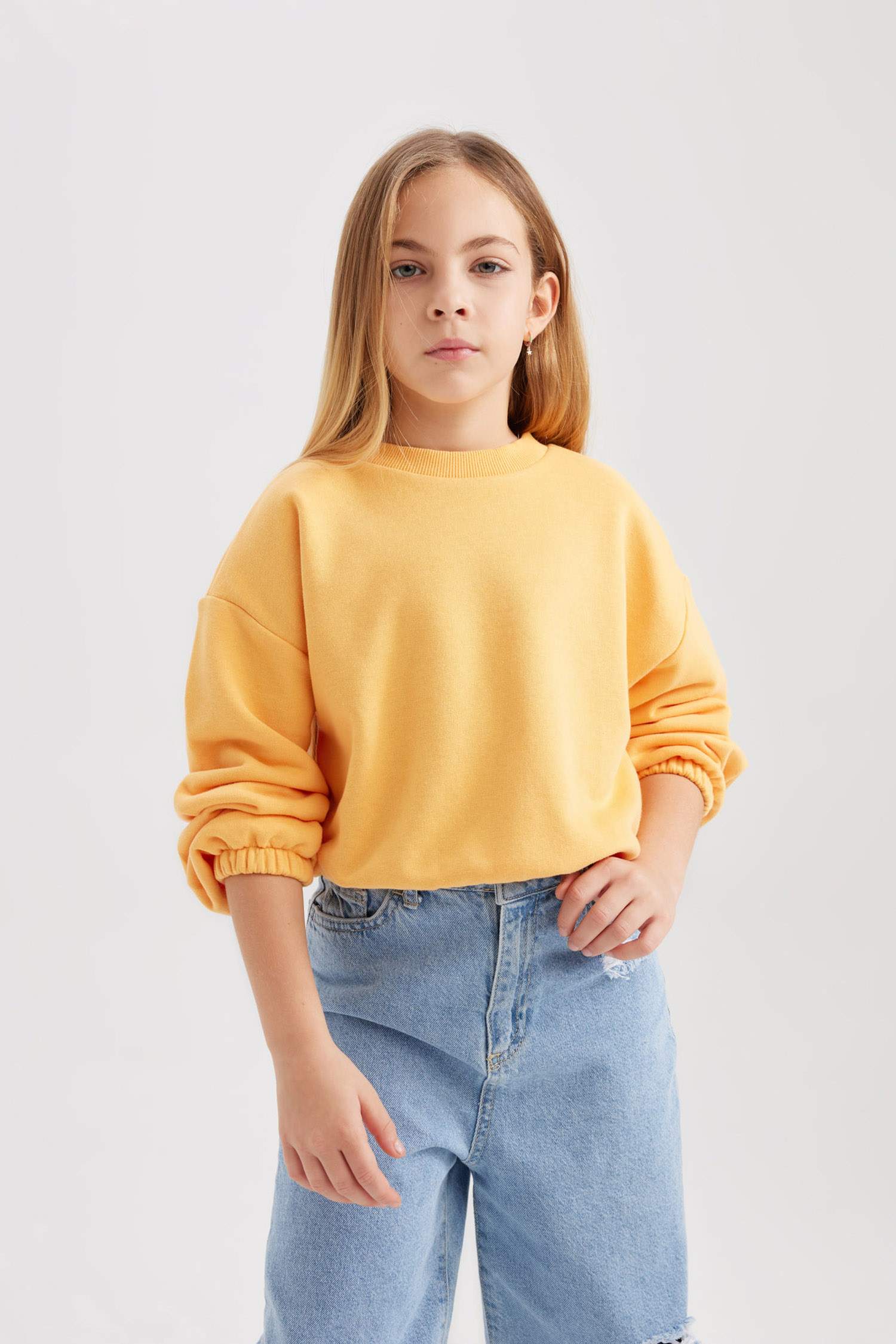 Kız Çocuk Bisiklet Yaka Basic Düz Sweatshirt