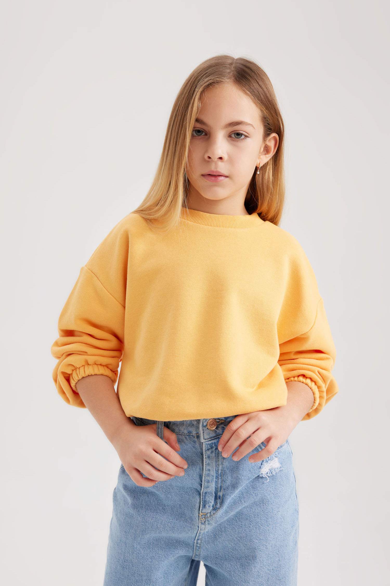 Kız Çocuk Bisiklet Yaka Basic Düz Sweatshirt