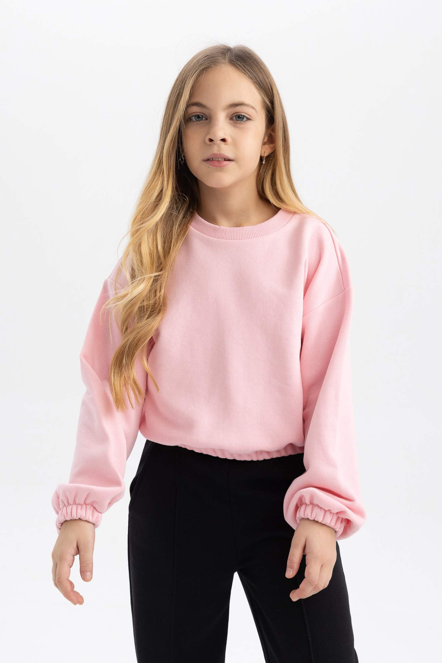 Kız Çocuk Bisiklet Yaka Basic Düz Sweatshirt