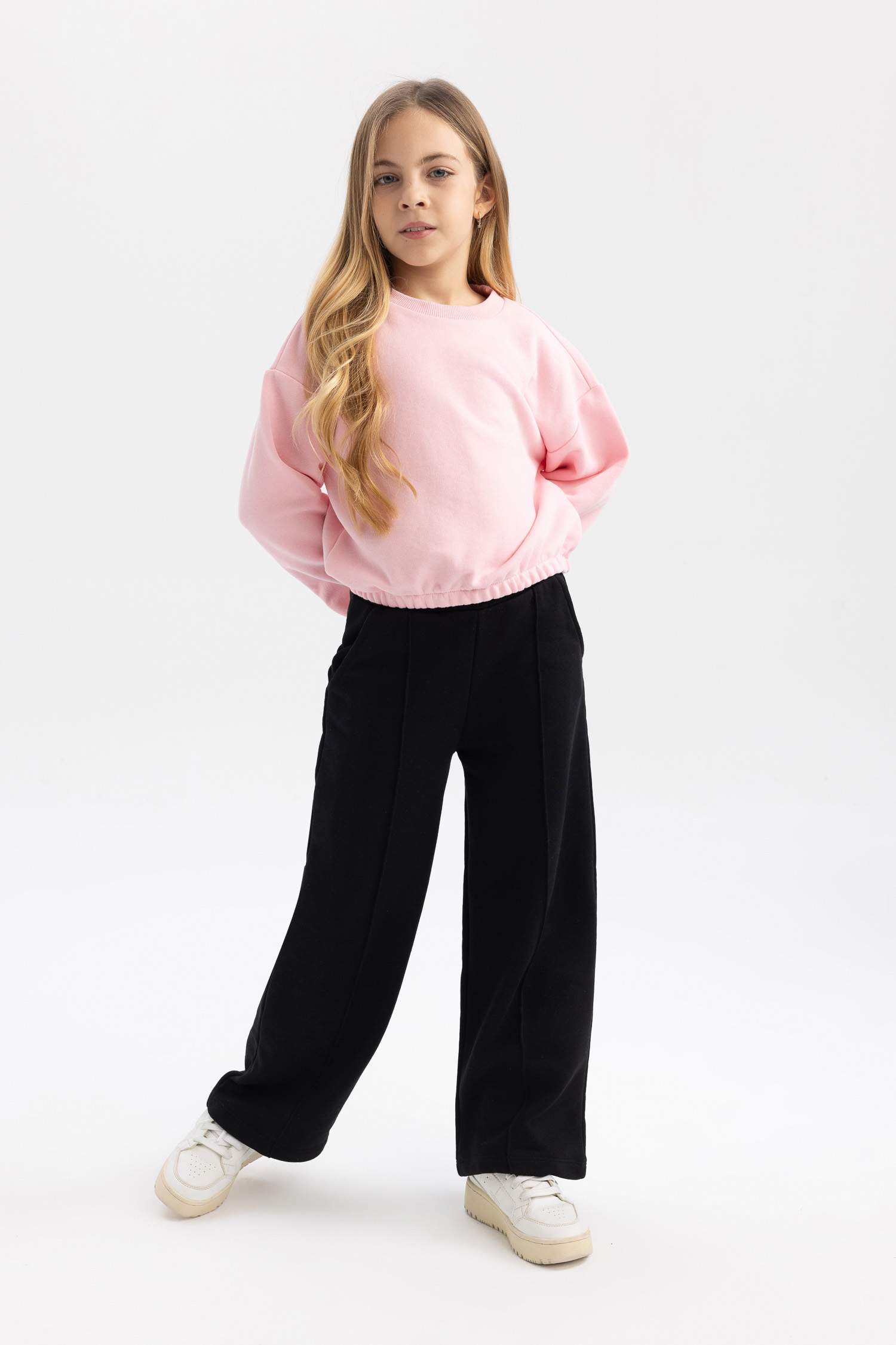 Kız Çocuk Bisiklet Yaka Basic Düz Sweatshirt