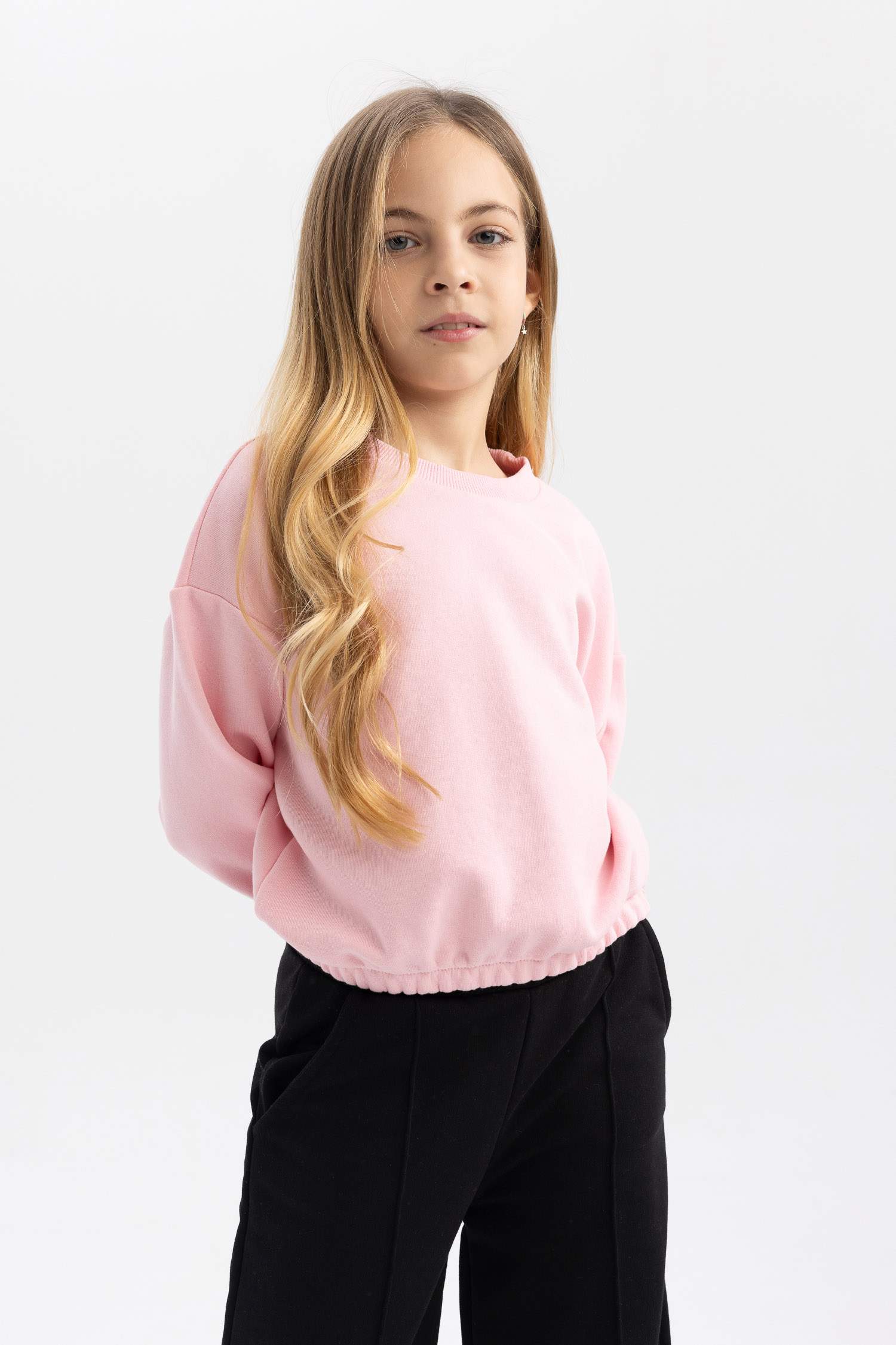 Kız Çocuk Bisiklet Yaka Basic Düz Sweatshirt