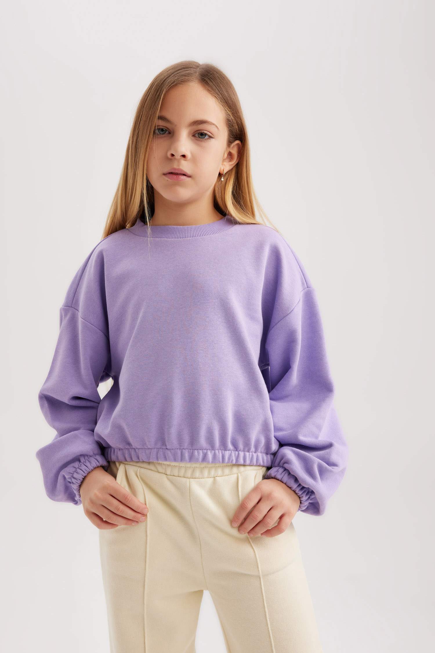 Kız Çocuk Bisiklet Yaka Basic Düz Sweatshirt