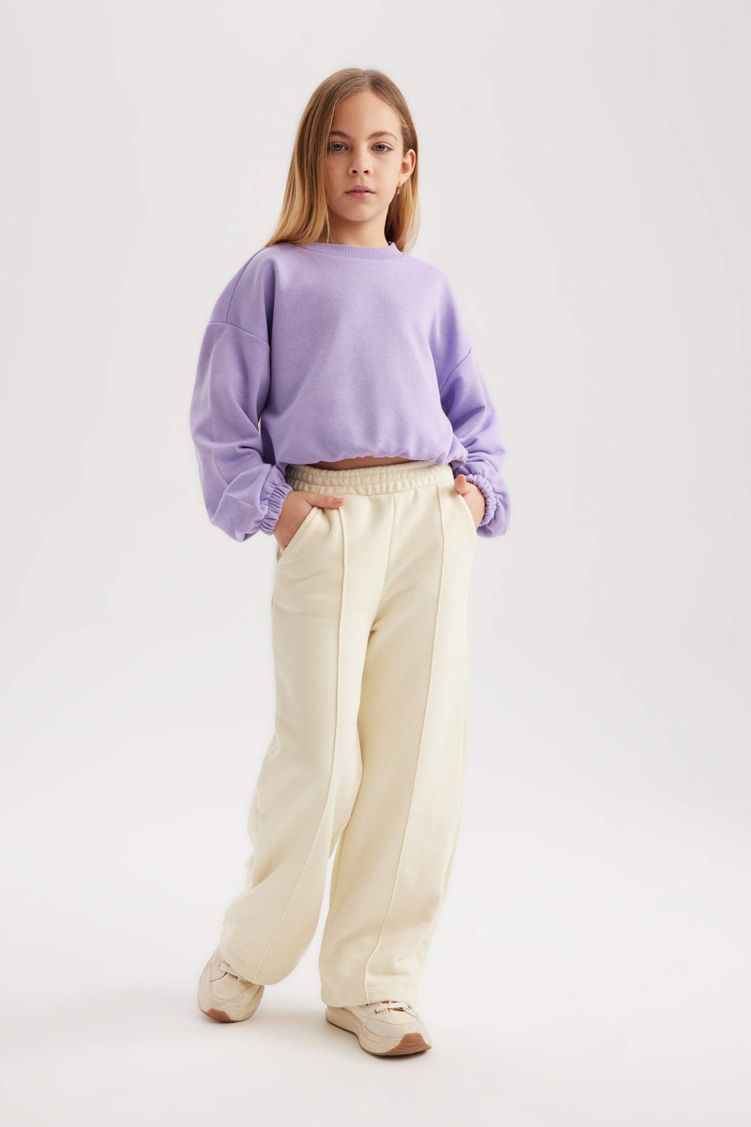 Kız Çocuk Bisiklet Yaka Basic Düz Sweatshirt