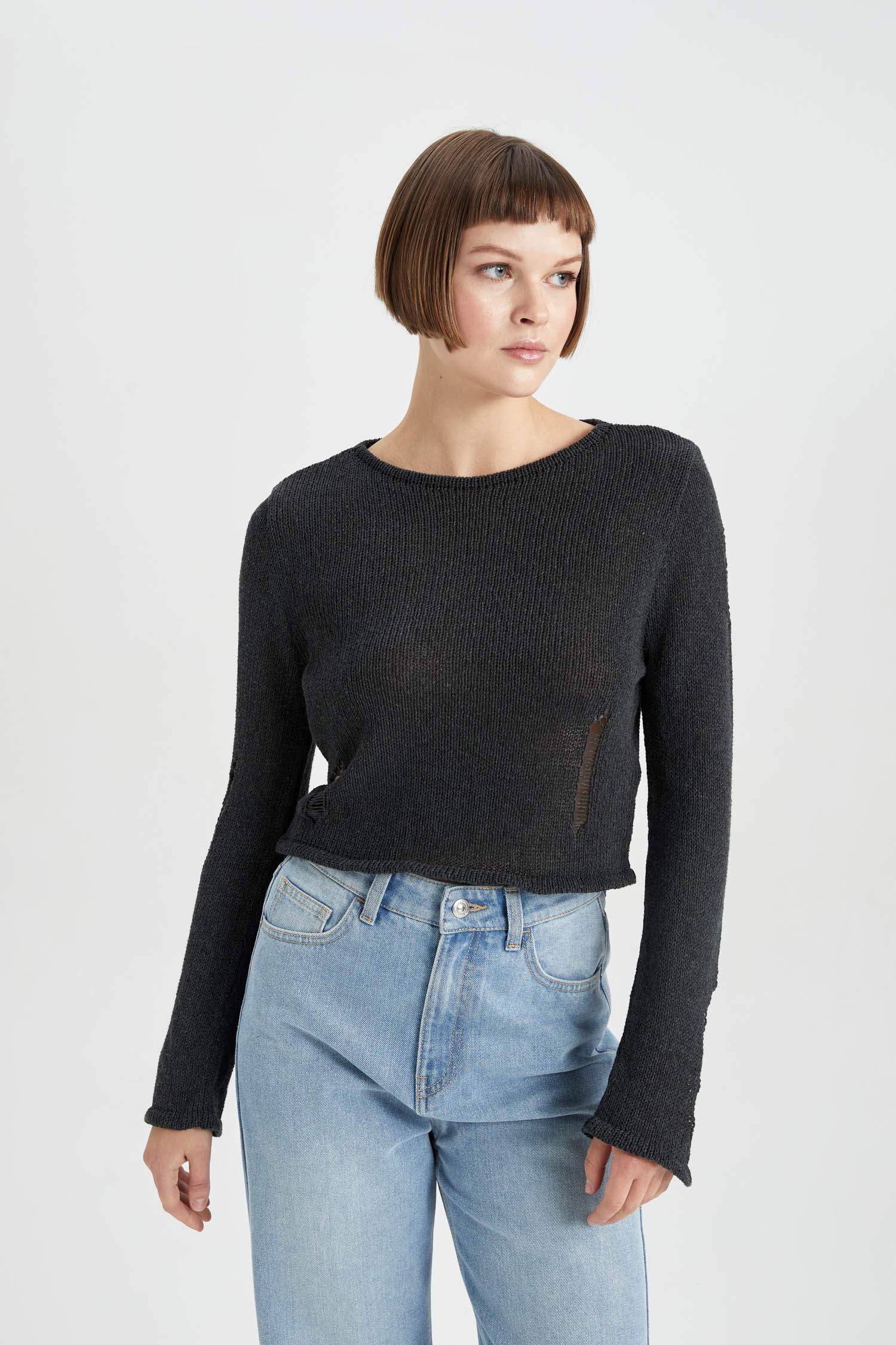 بلوفر قصة عادية برقبة مستديرة