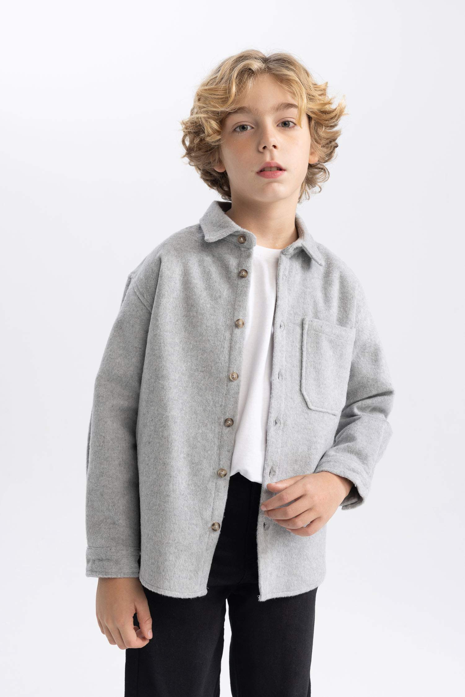 Erkek Çocuk Oversize Geniş Kalıp Yün Görünümlü Uzun Kollu Gömlek