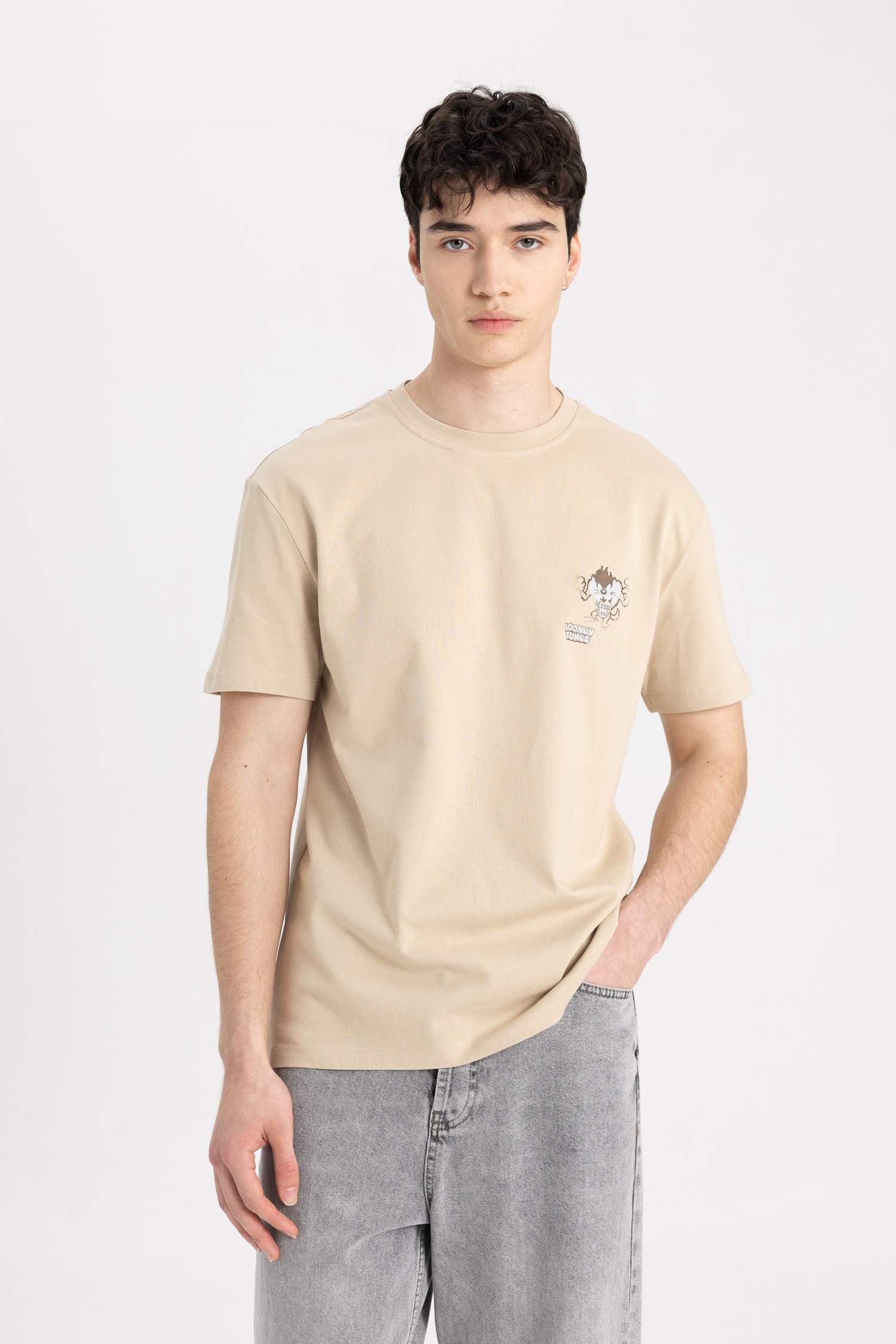 تي شيرت جيرسي قصة عادية بياقة مستديرة من لوني تونز