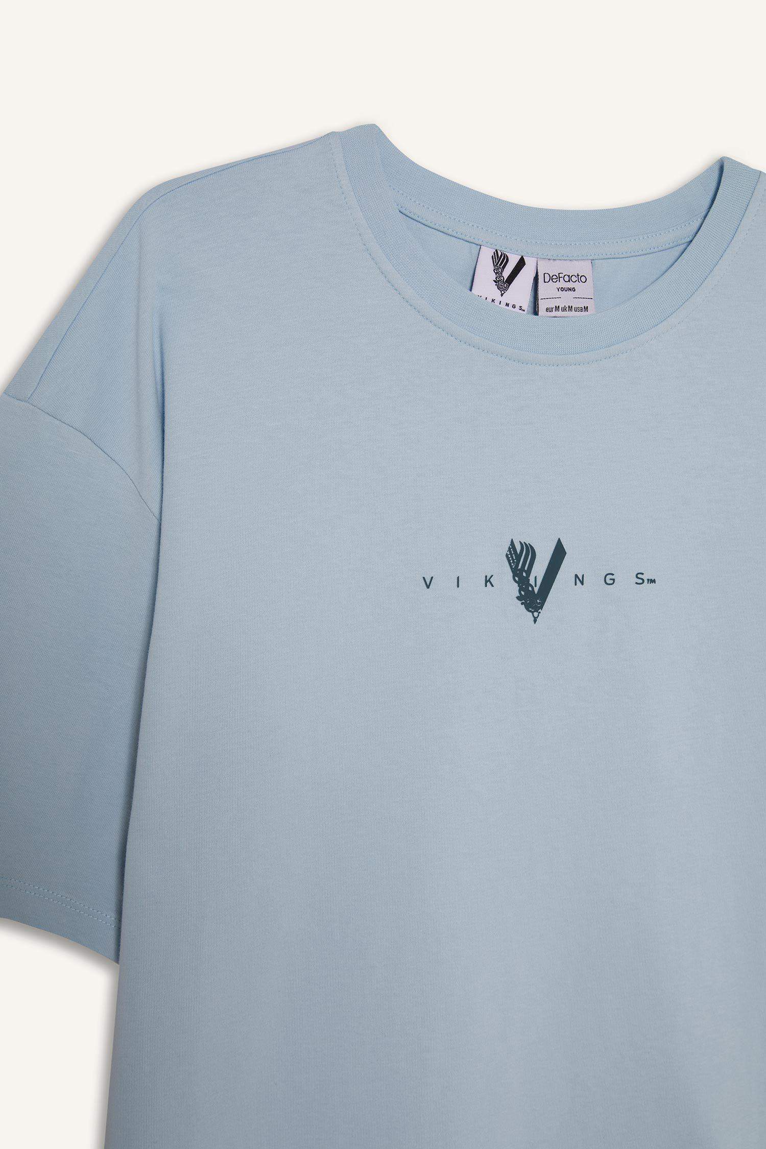 %100 Pamuk Vikings Comfort Regular Fit Rahat Kalıp Bisiklet Yaka Sırt Baskılı Kısa Kollu Tişört