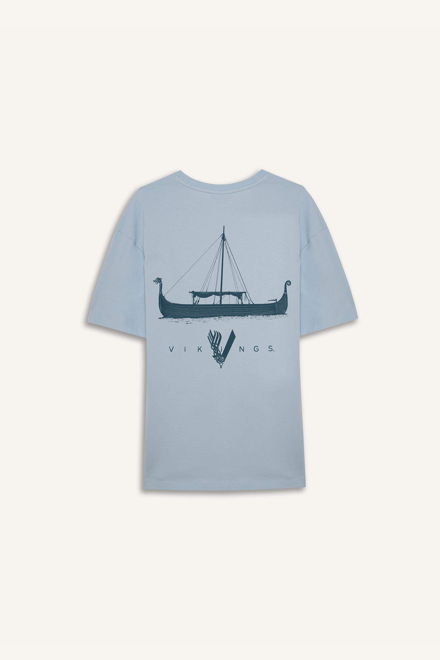 %100 Pamuk Vikings Comfort Regular Fit Rahat Kalıp Bisiklet Yaka Sırt Baskılı Kısa Kollu Tişört