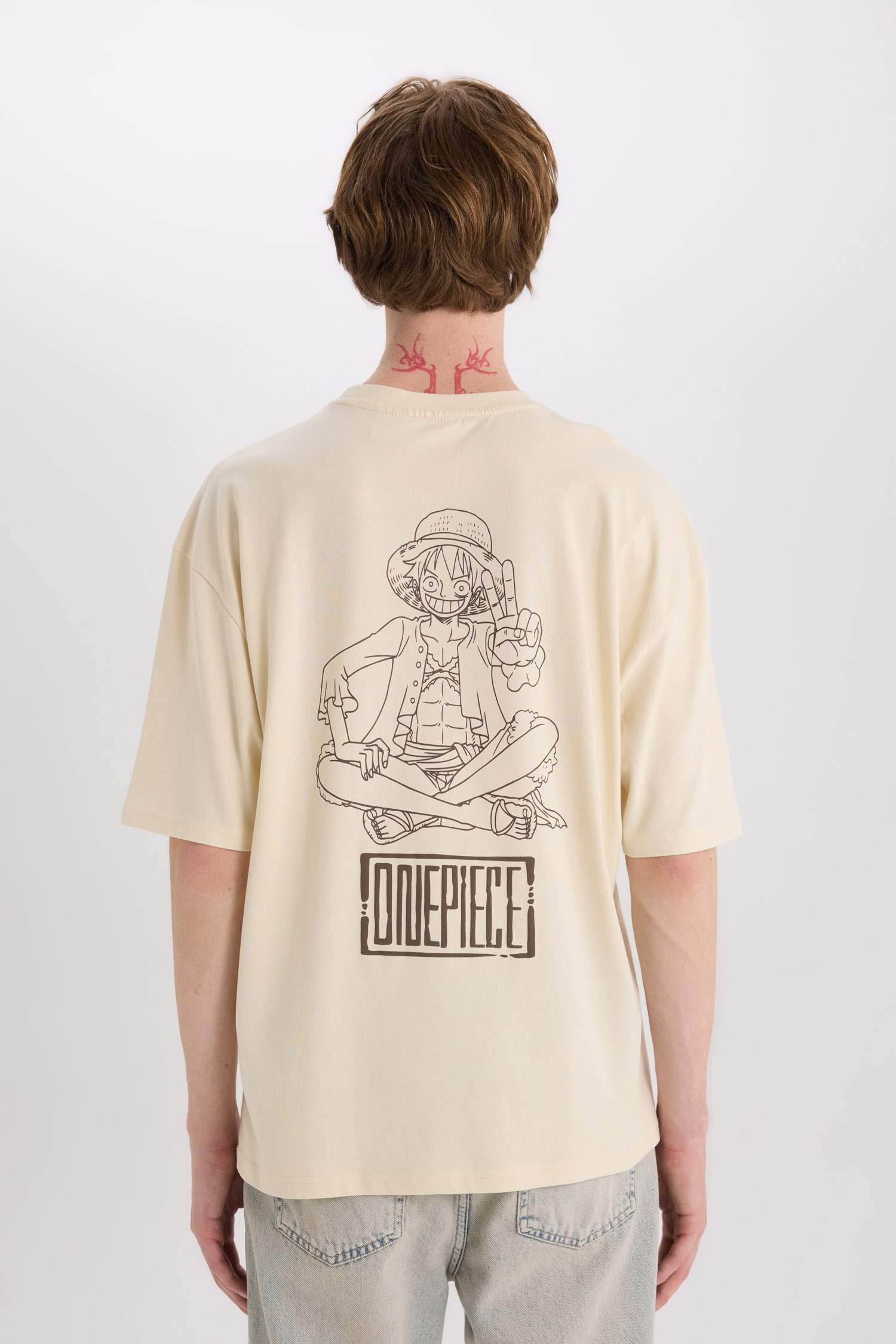 %100 Pamuk One Piece Oversize Geniş Kalıp Bisiklet Yaka Sırt Baskılı Kısa Kollu Tişört