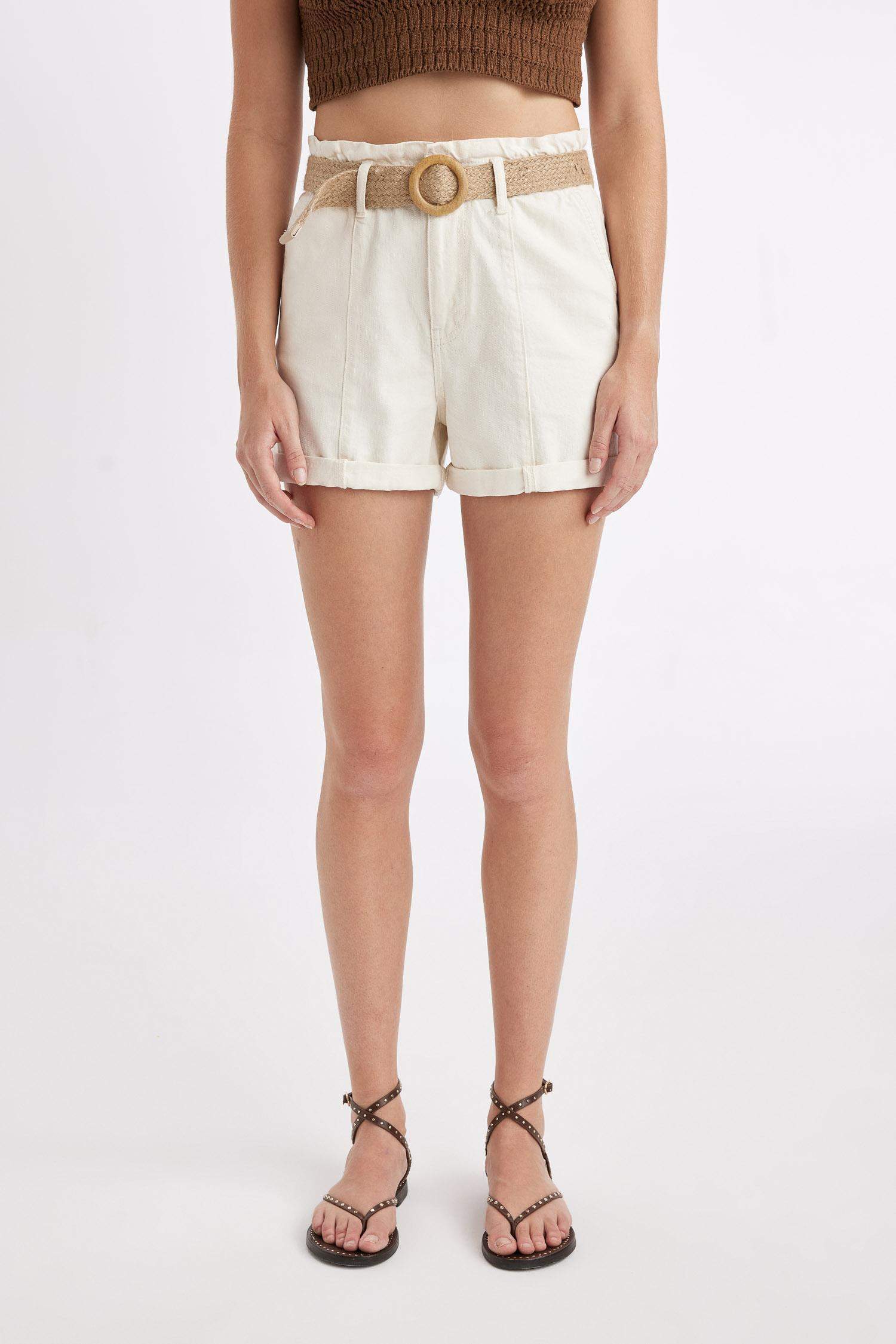 Paperbag High Waist Fold-Ankle Denim Shorts