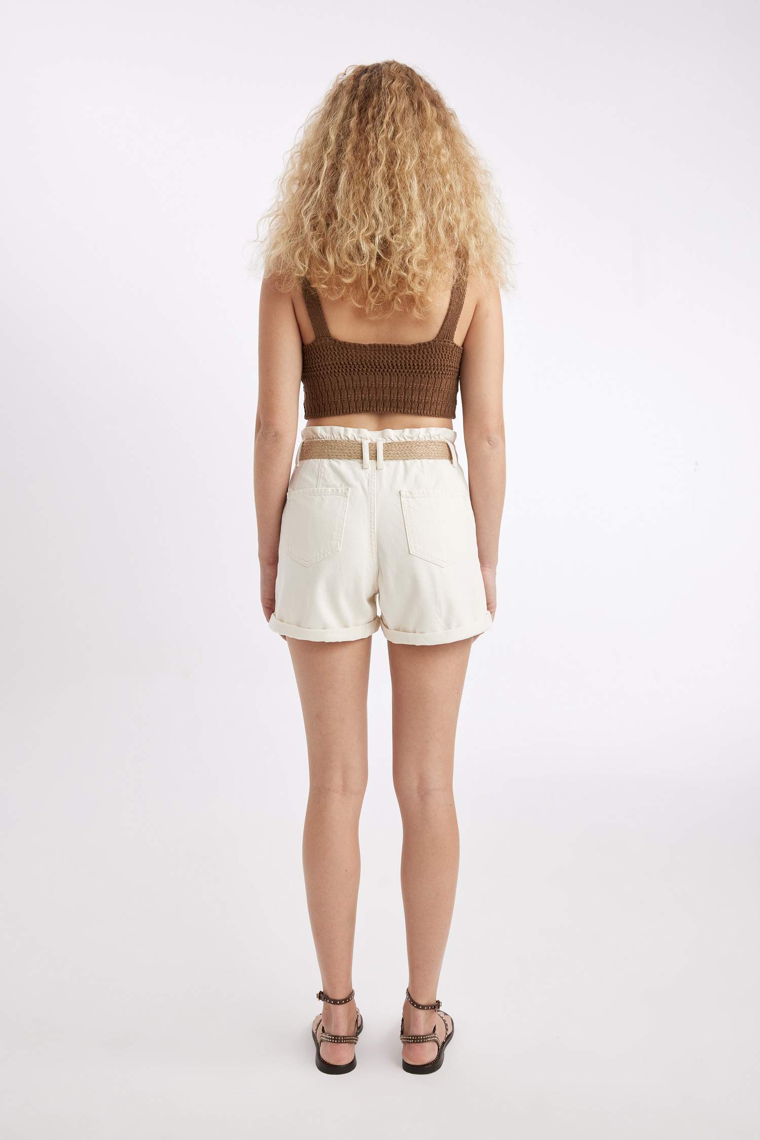 Paperbag High Waist Fold-Ankle Denim Shorts