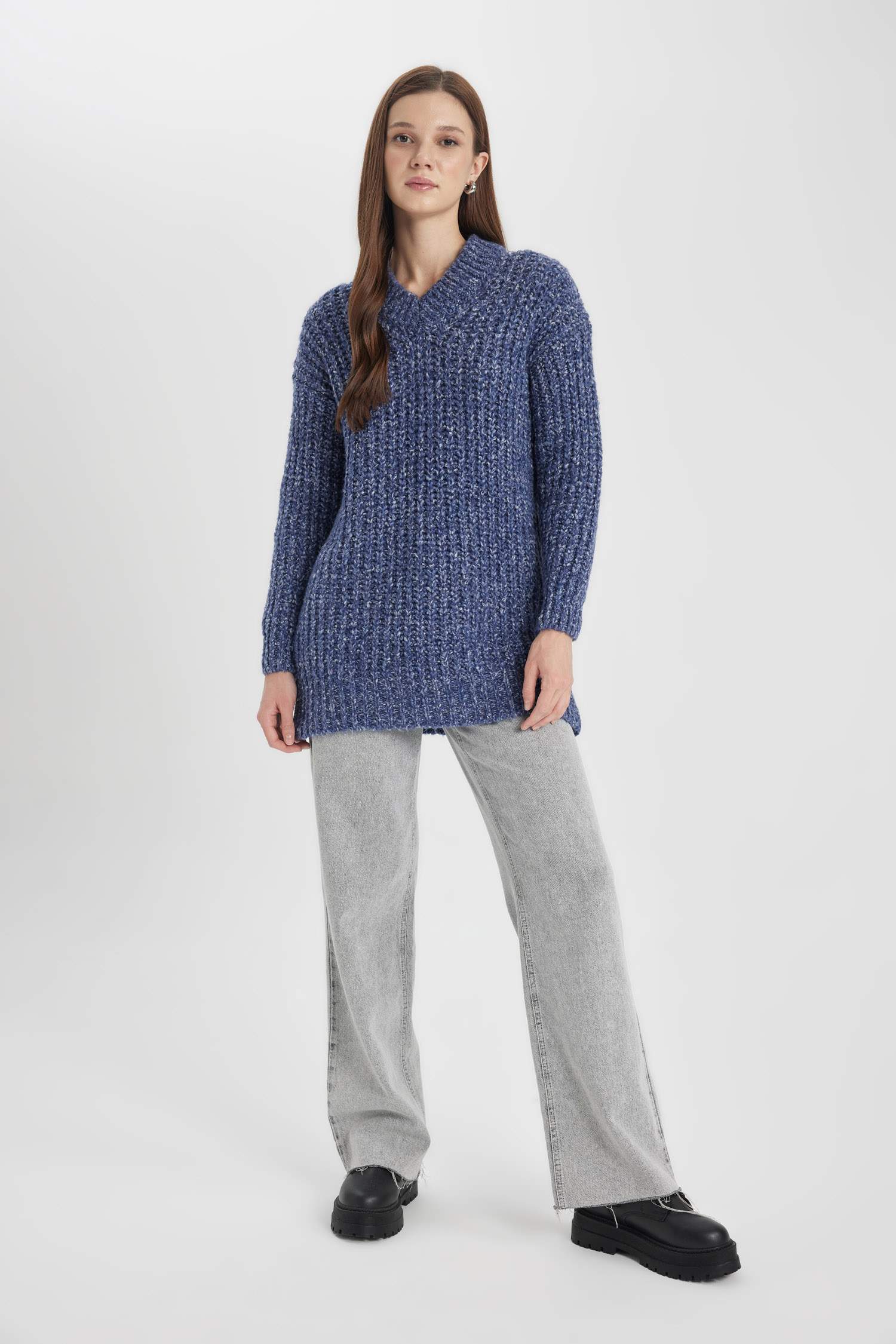 Regular Fit V Neck Knitted Patterned Knitted Pullover Tunic