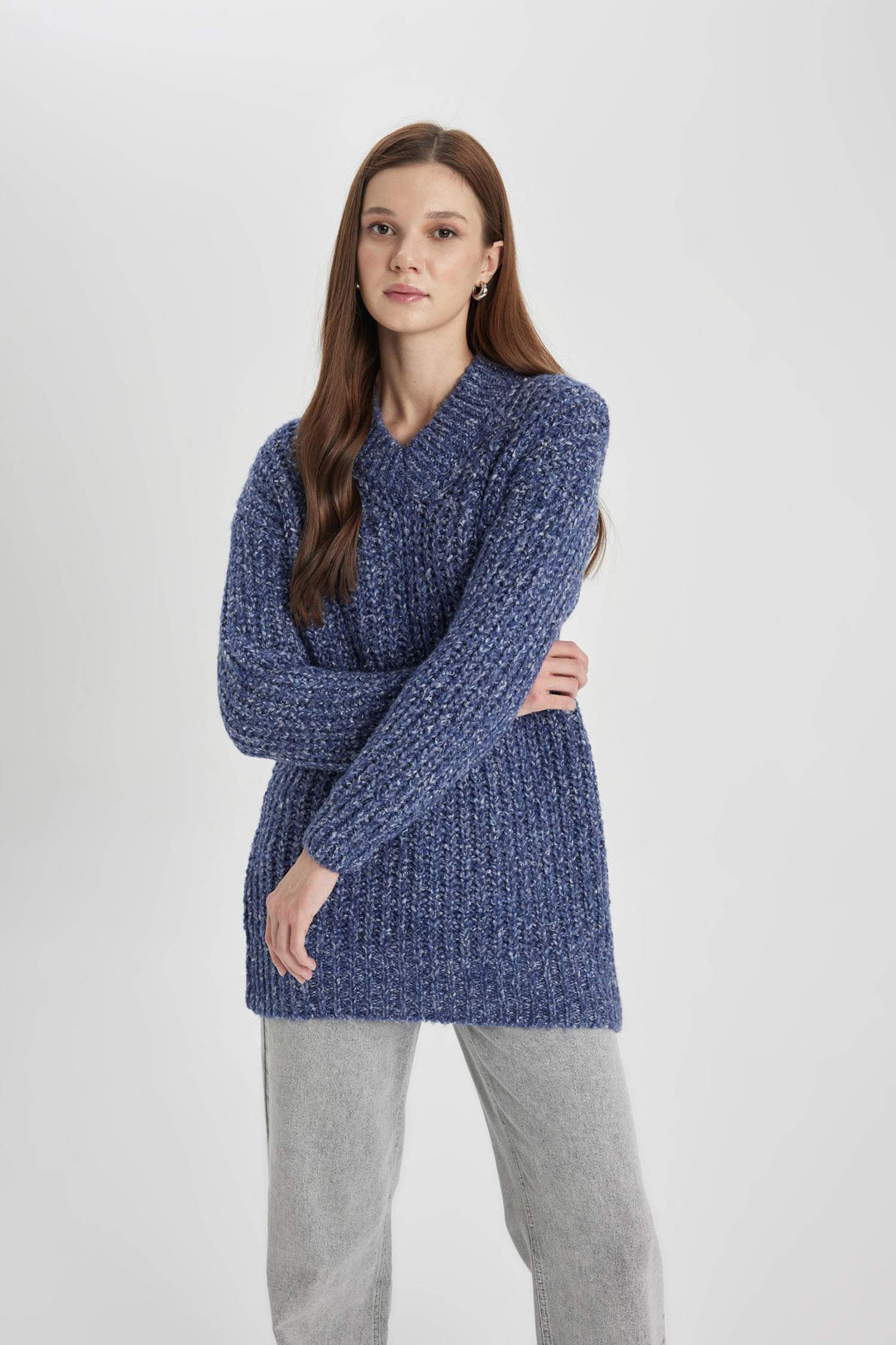 Regular Fit V Neck Knitted Patterned Knitted Pullover Tunic