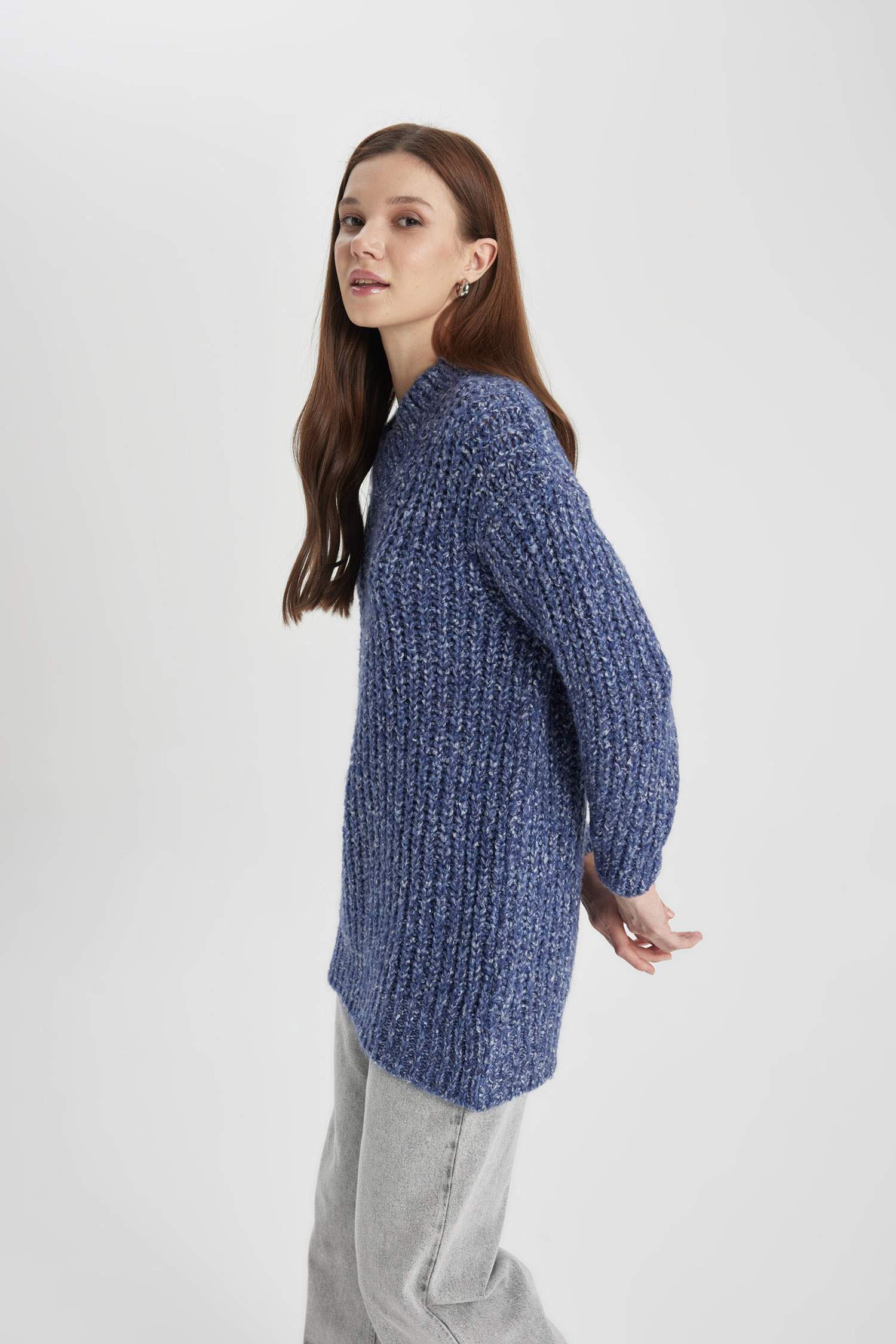 Regular Fit V Neck Knitted Patterned Knitted Pullover Tunic