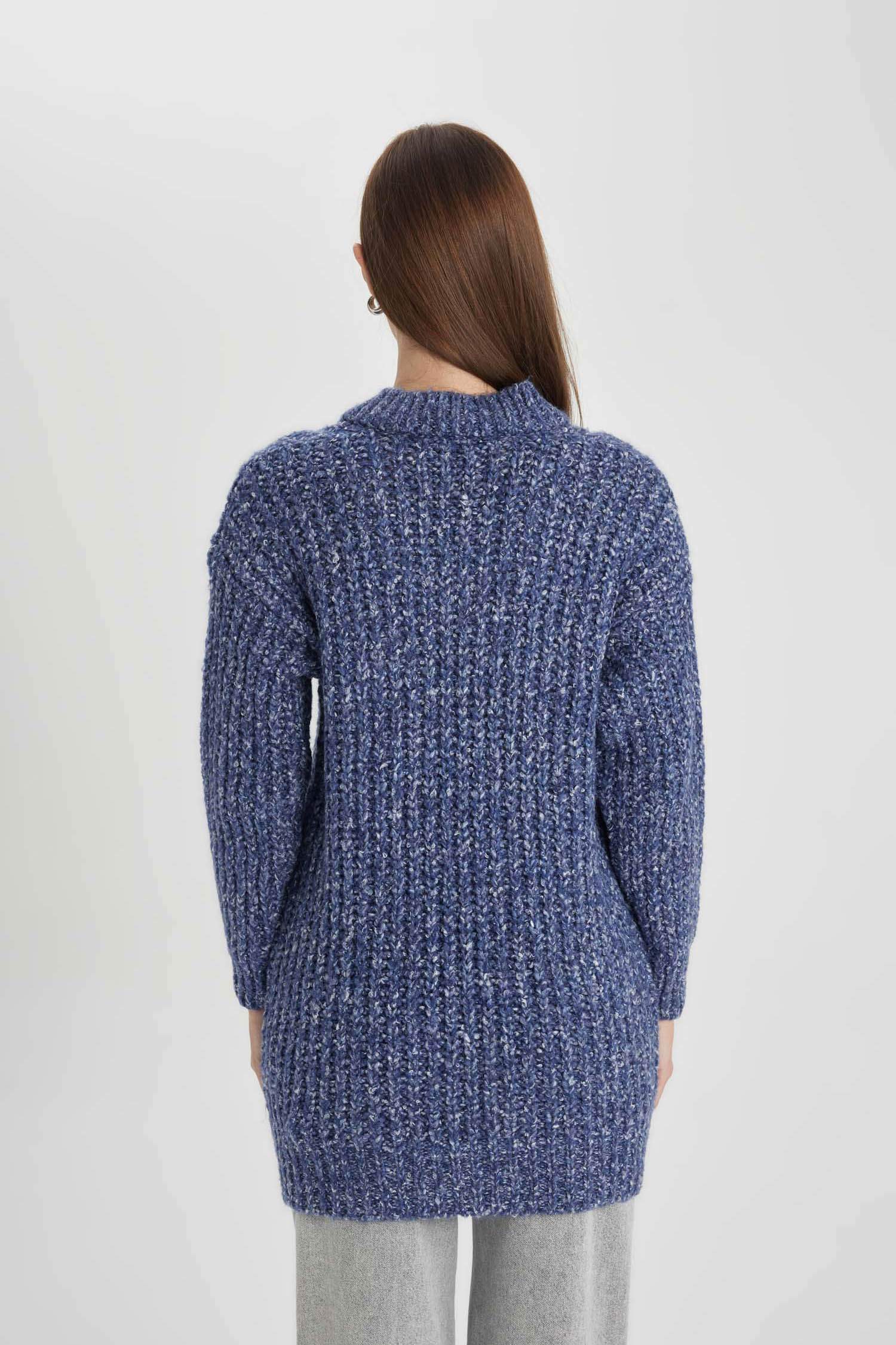 Regular Fit V Neck Knitted Patterned Knitted Pullover Tunic