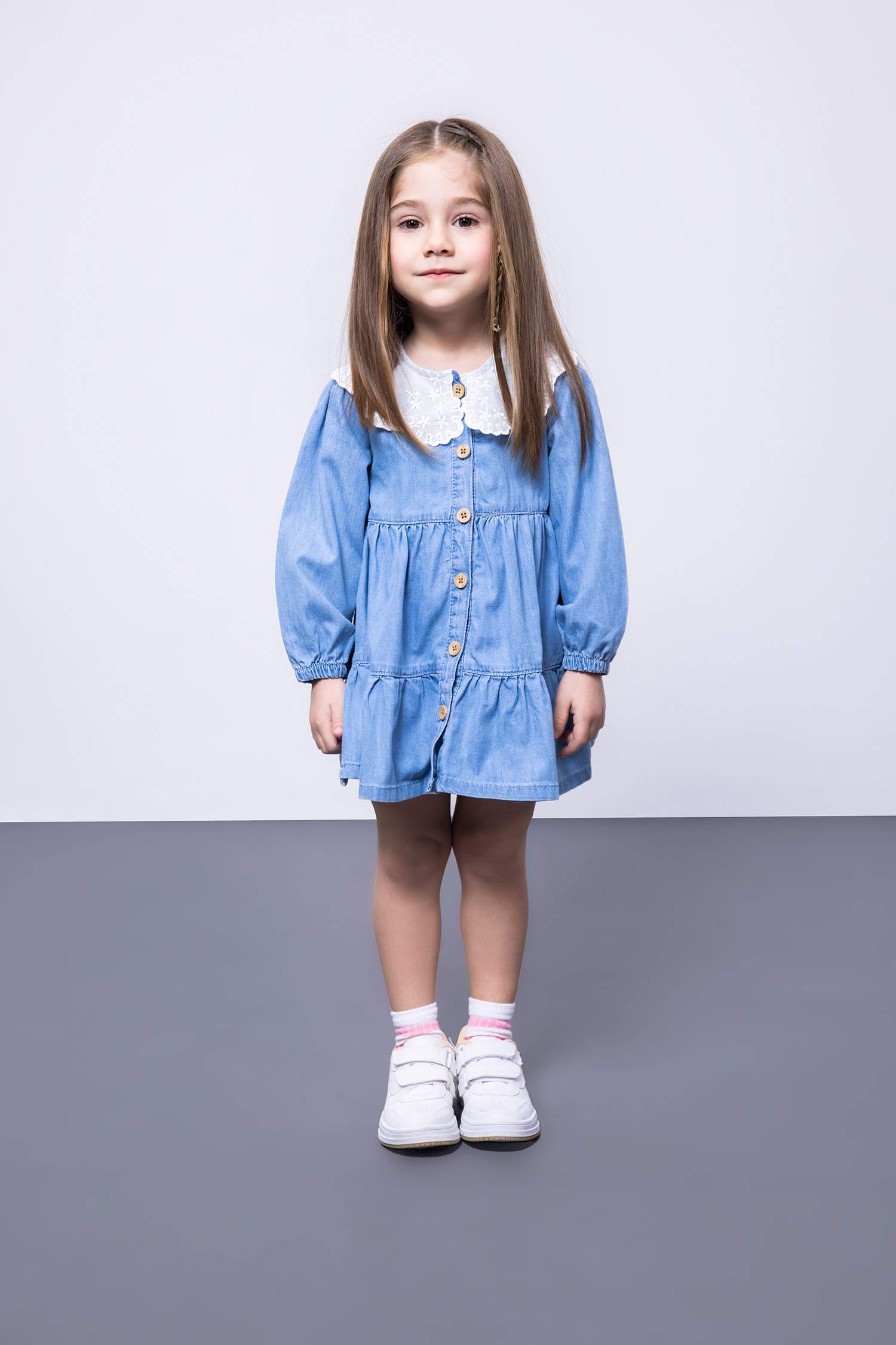 Сәби Қыз шілтер жаға ұзын жеңді Көйлек