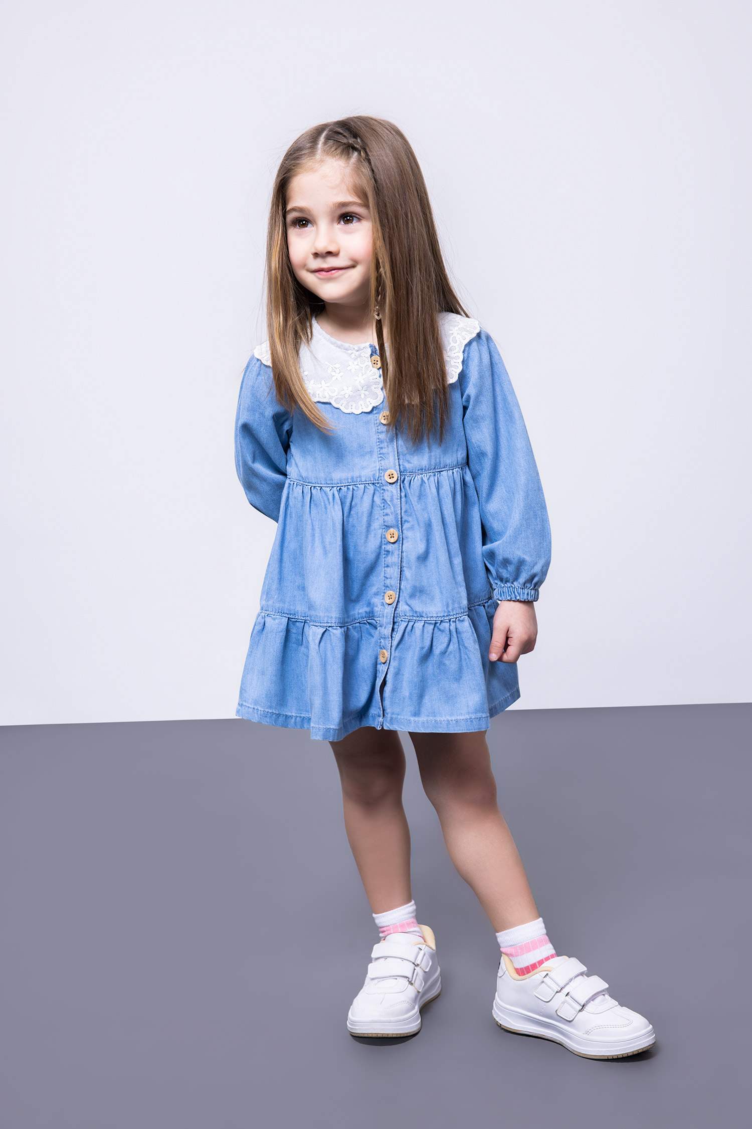 Сәби Қыз шілтер жаға ұзын жеңді Көйлек