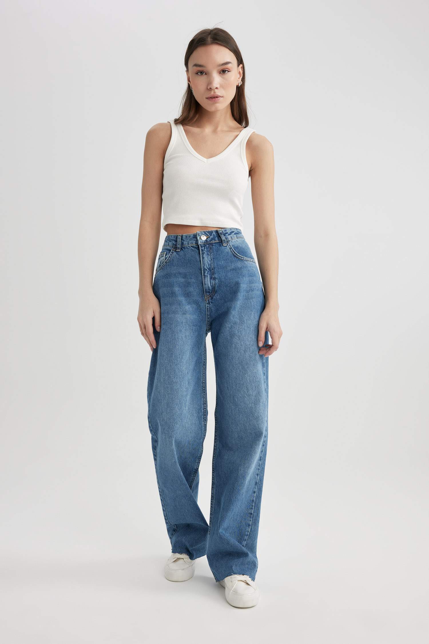 Wide Leg High Waist Cutaway Long Jeans