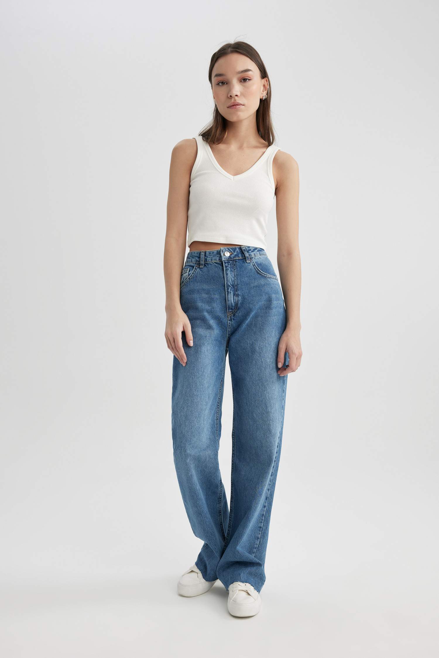 Wide Leg High Waist Cutaway Long Jeans